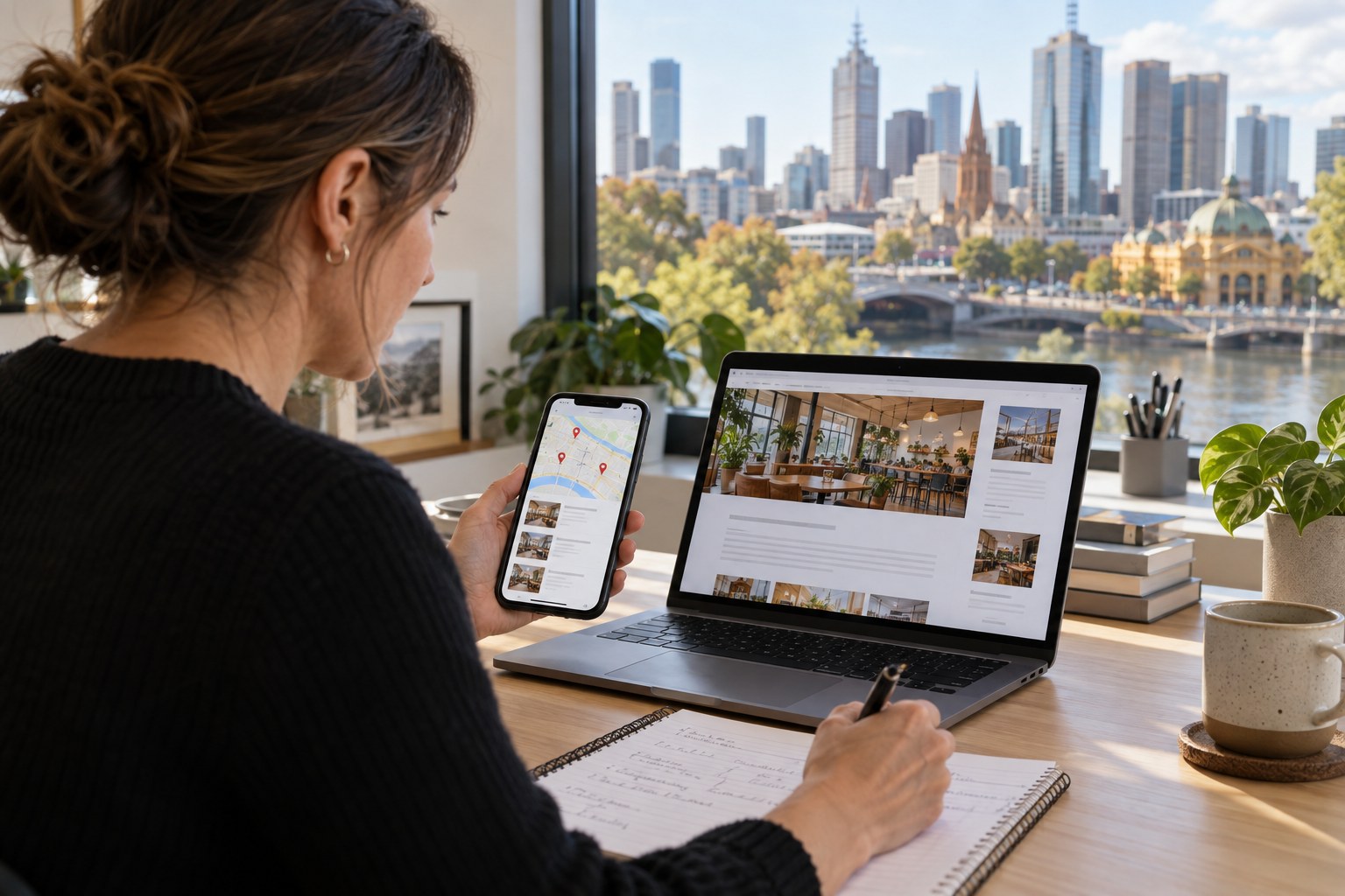 Business owner comparing a local website and map listing on laptop and phone.