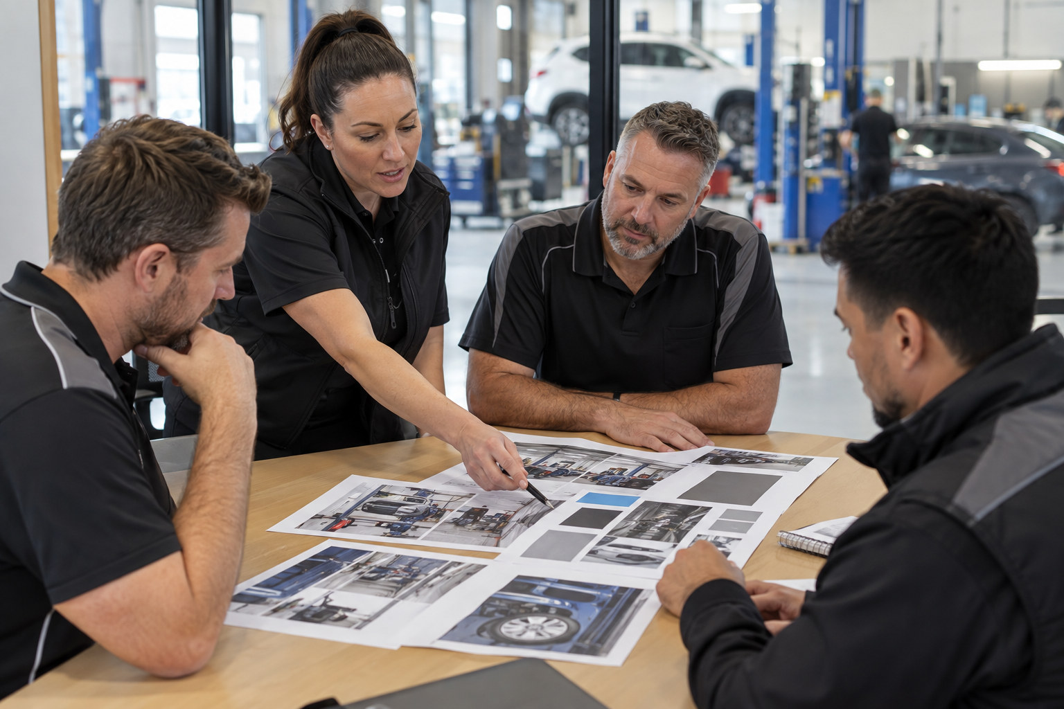 Workshop managers review shared service materials at a group meeting.
