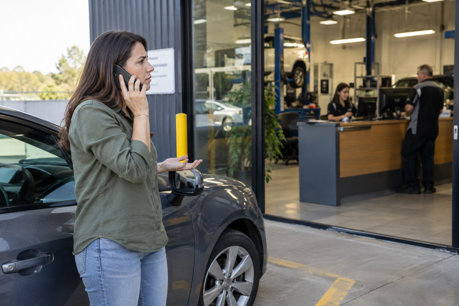 Customer calls from beside a car outside a busy service workshop.