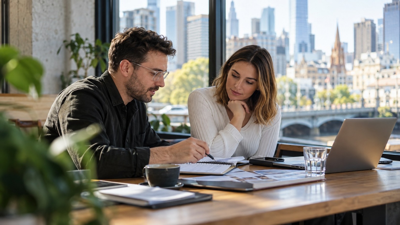 Business owner and consultant review papers beside a laptop at a table.