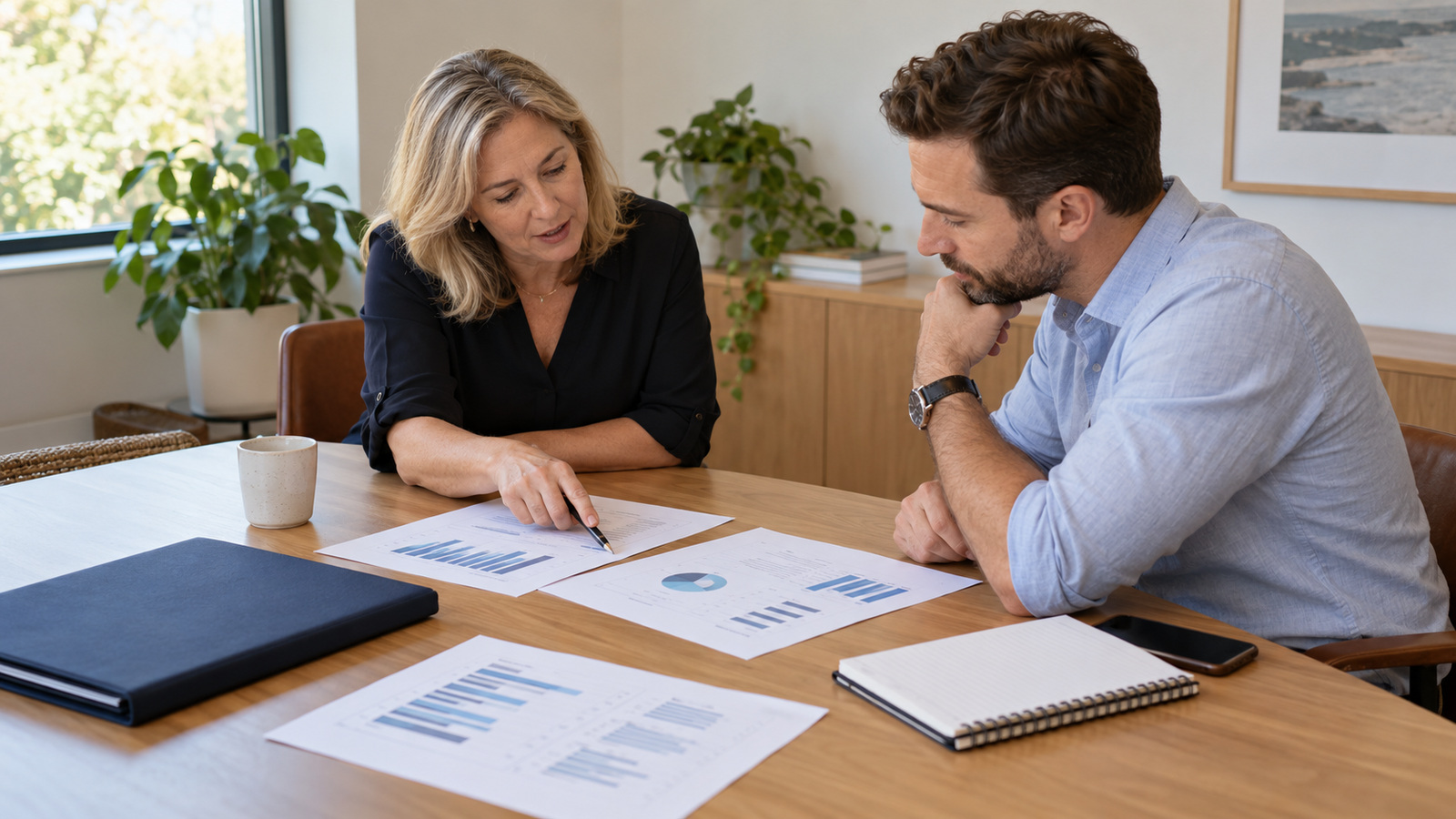 Business owner and adviser discussing printed marketing reports at a meeting table.
