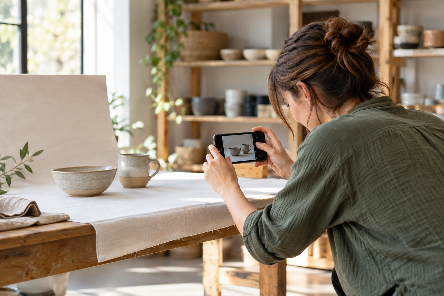 Homewares business owner photographing a ceramic bowl and mug with a smartphone.