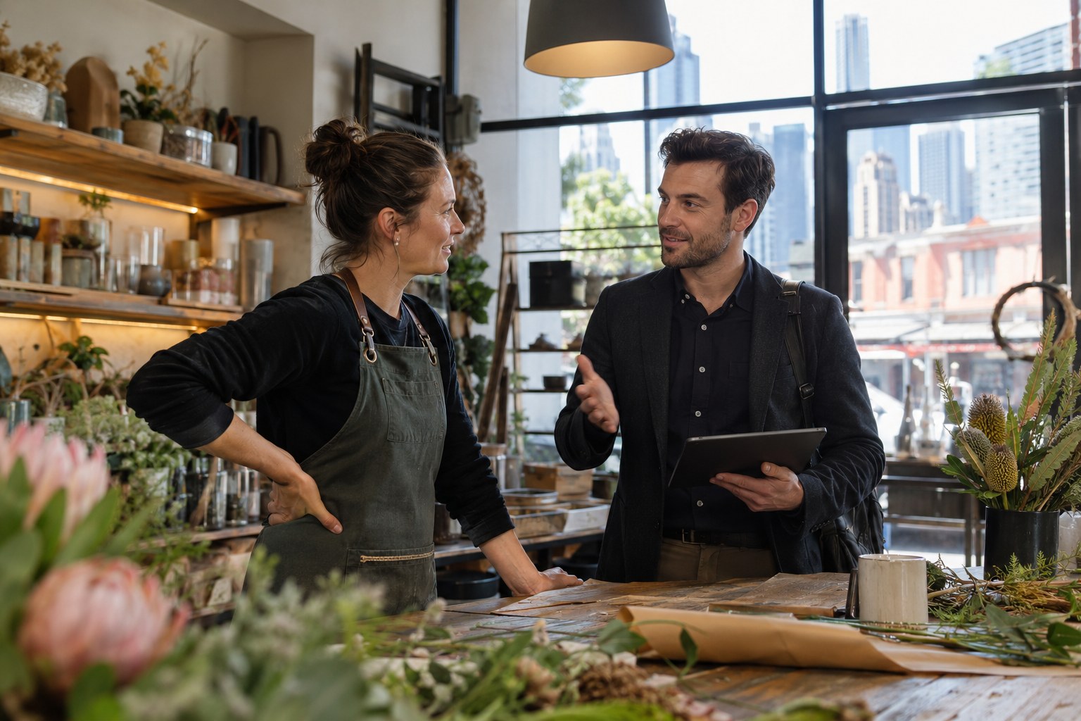 Shop owner talks with a consultant holding a tablet in a florist shop.