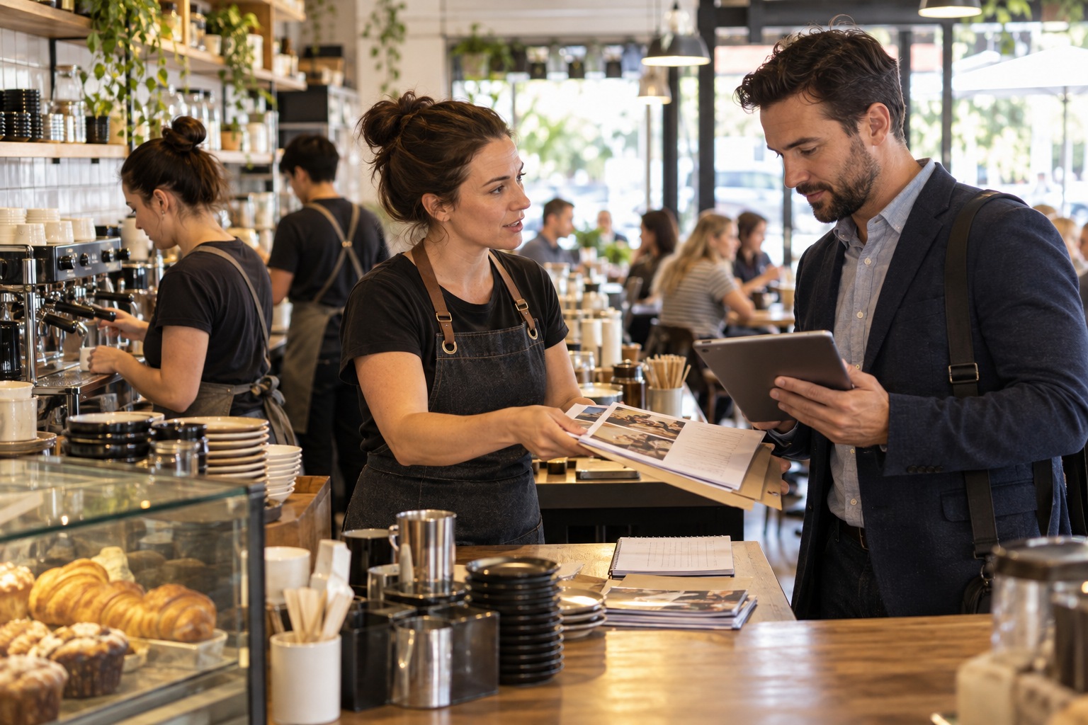 Cafe owner hands business photographs and notes to a consultant with a tablet while staff serve customers.