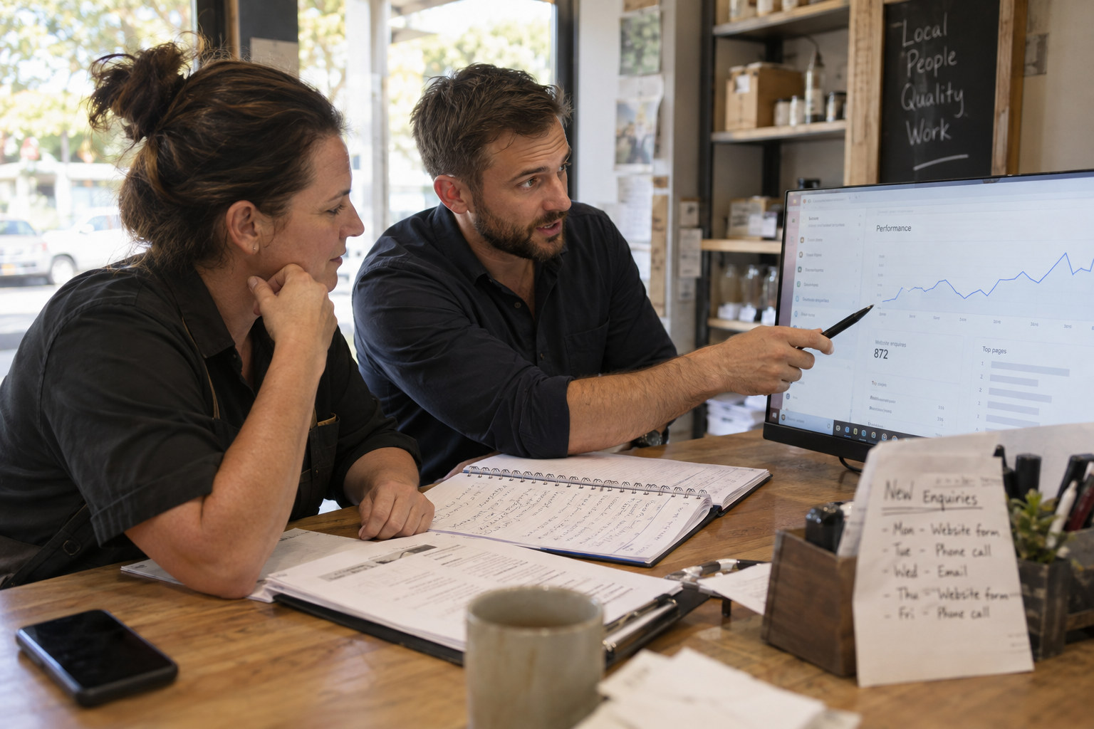 Owner and adviser review enquiries and website performance together.