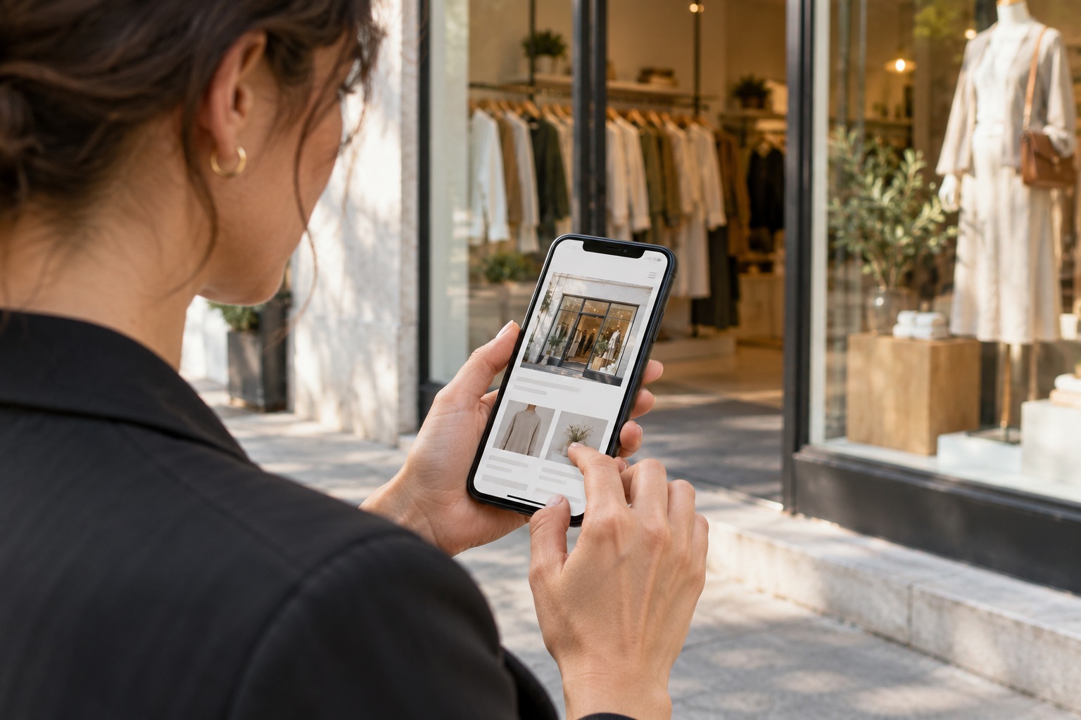Shop owner tests a mobile boutique website while standing outside its clothing display window.
