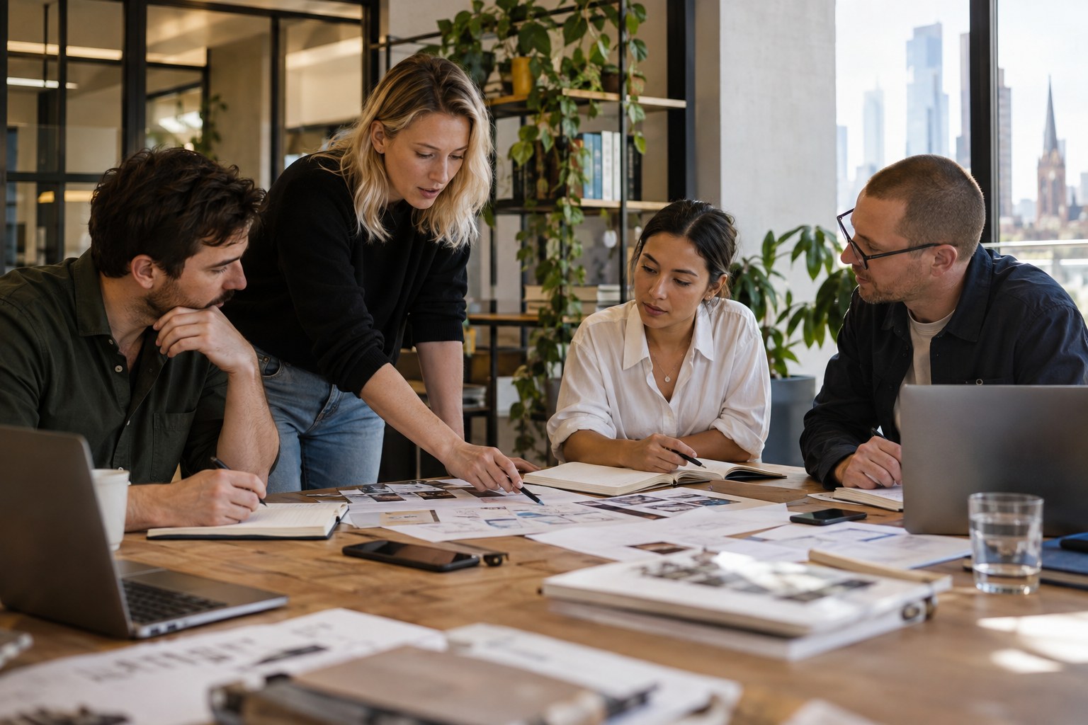 Four people review printed plans together around a table with laptops.