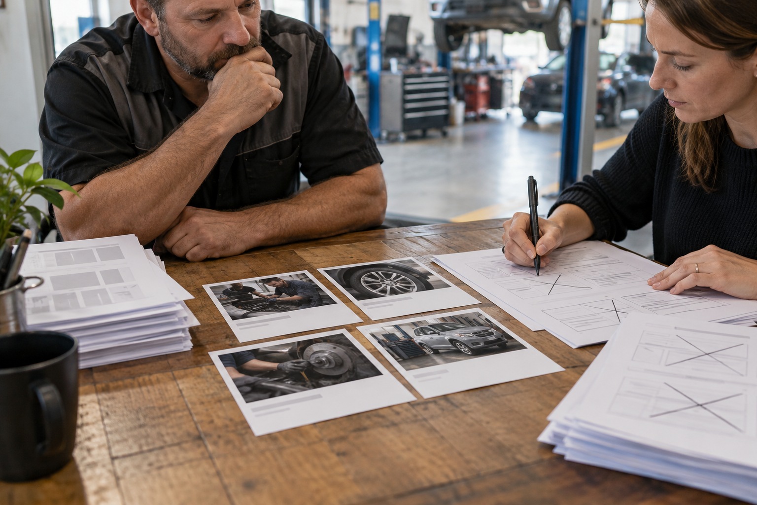 Consultant crosses out redundant website page plans while the workshop owner reviews selected service photographs.