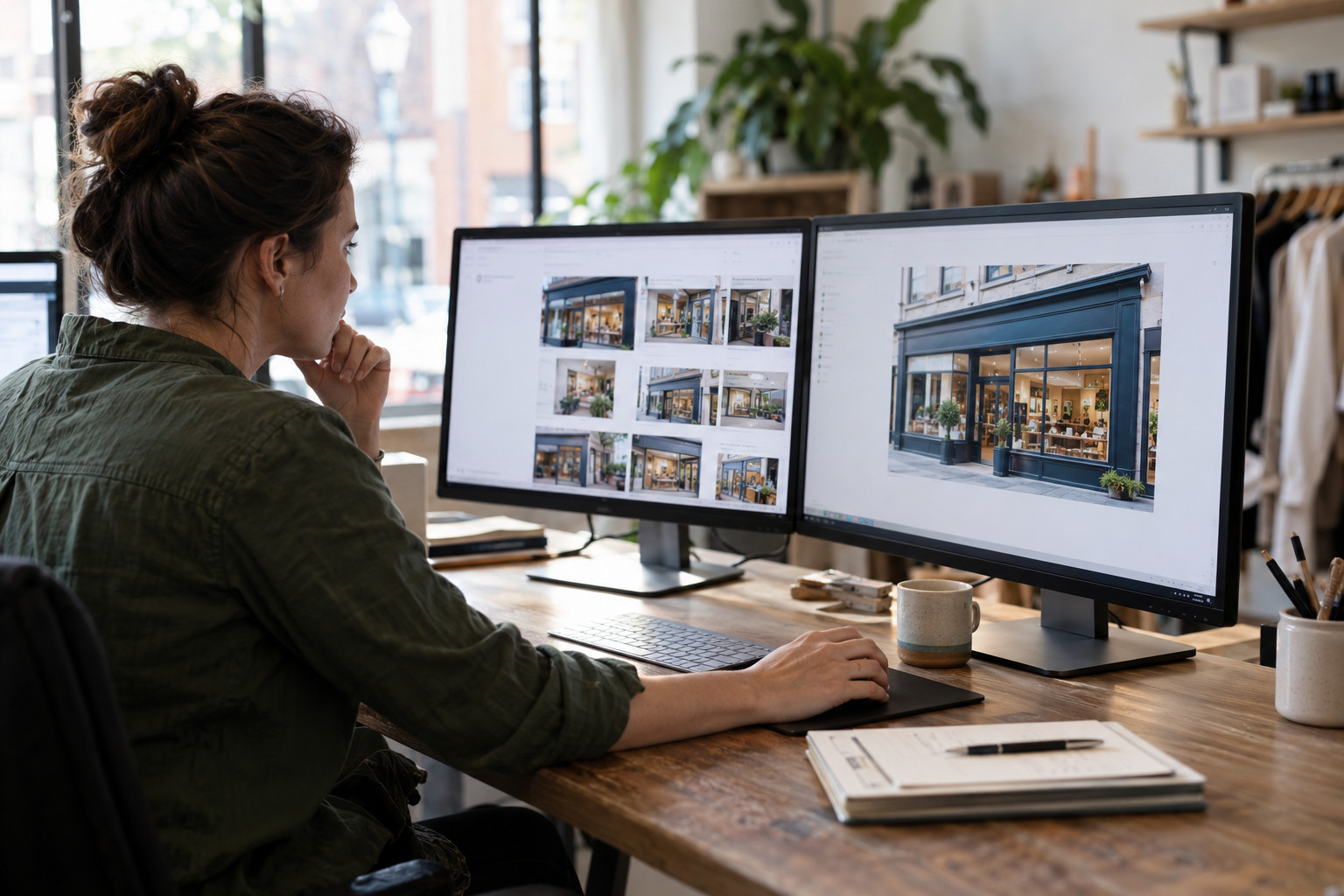 Business owner reviews online images and listings for a local storefront.