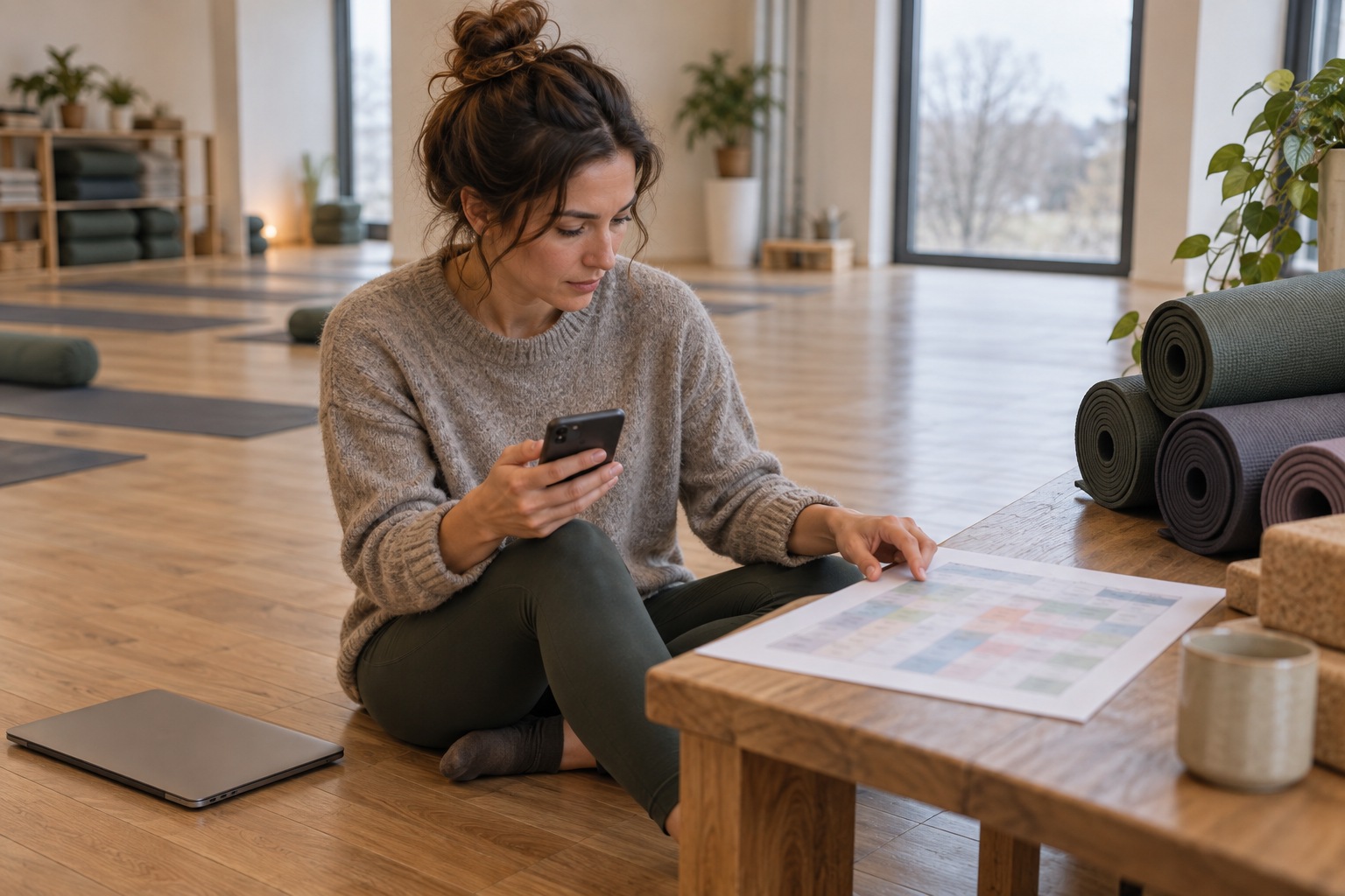 Yoga studio owner compares a printed class timetable with her phone in an empty studio.