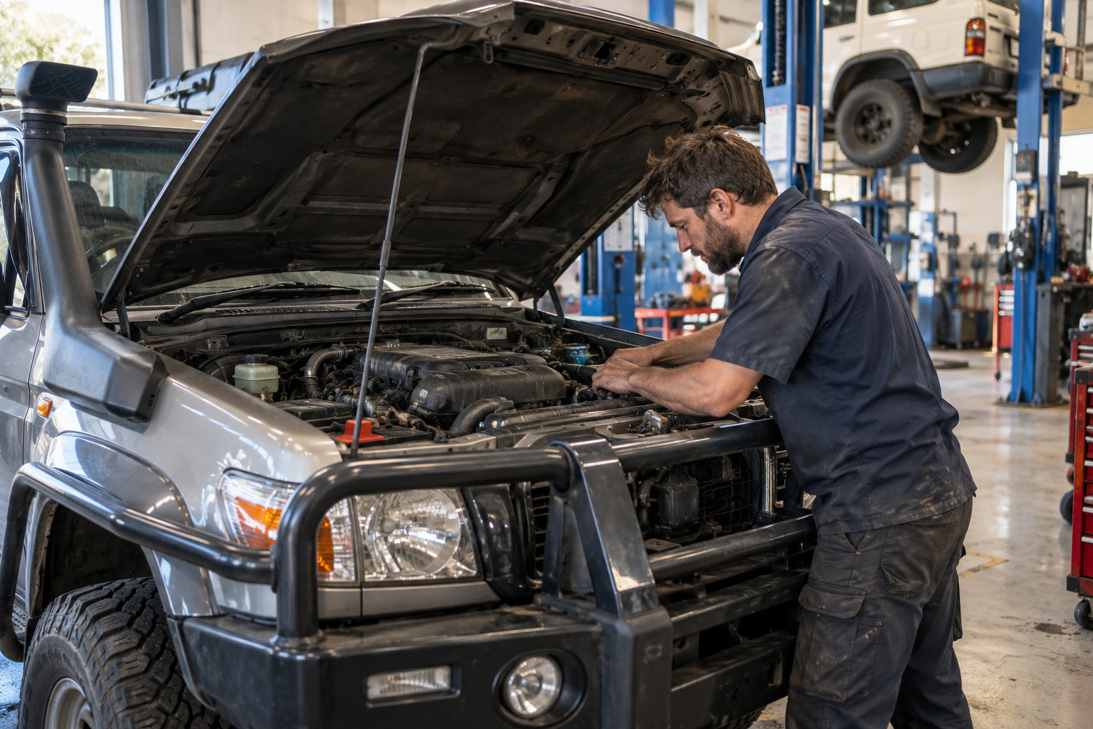 Mechanic inspects the engine bay of a diesel four-wheel drive.