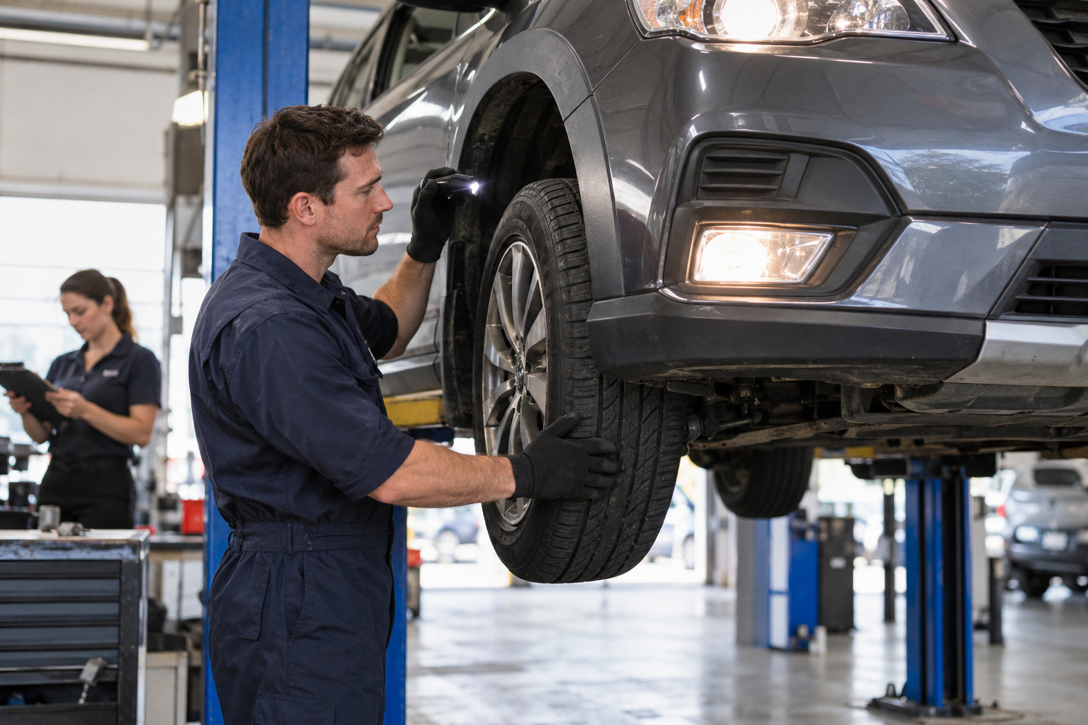 Technician checks a raised car during a workshop safety inspection.