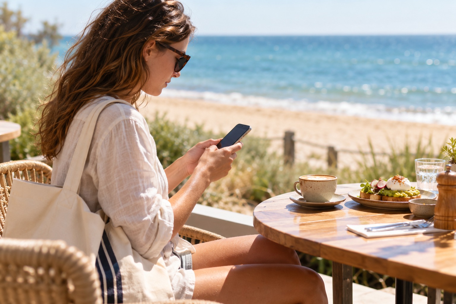 Woman checks her phone beside coffee and breakfast at a sunny bayside cafe table.