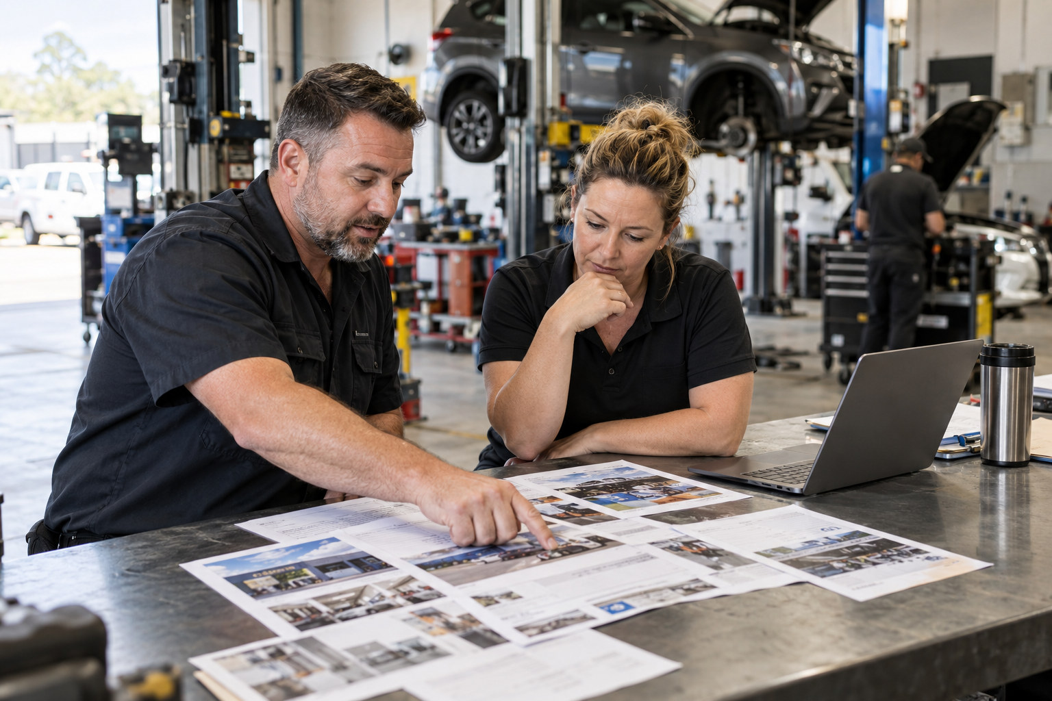 Workshop managers compare printed service page layouts at the counter.