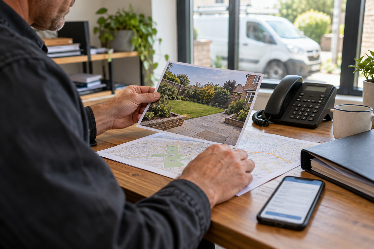 Business owner reviewing a garden-job photograph and street map beside a phone enquiry form.