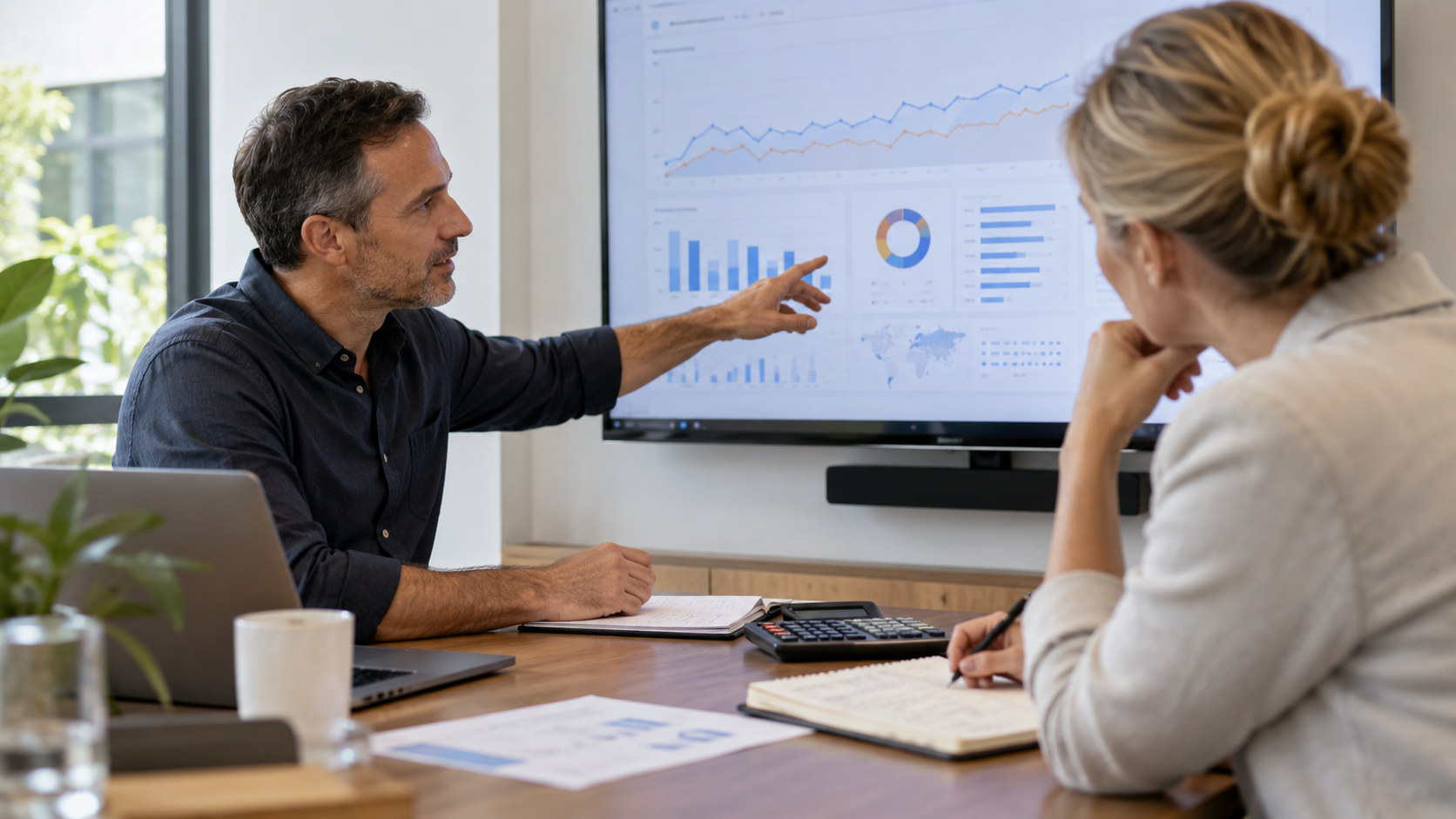 Business owner and marketing adviser review advertising performance charts together.