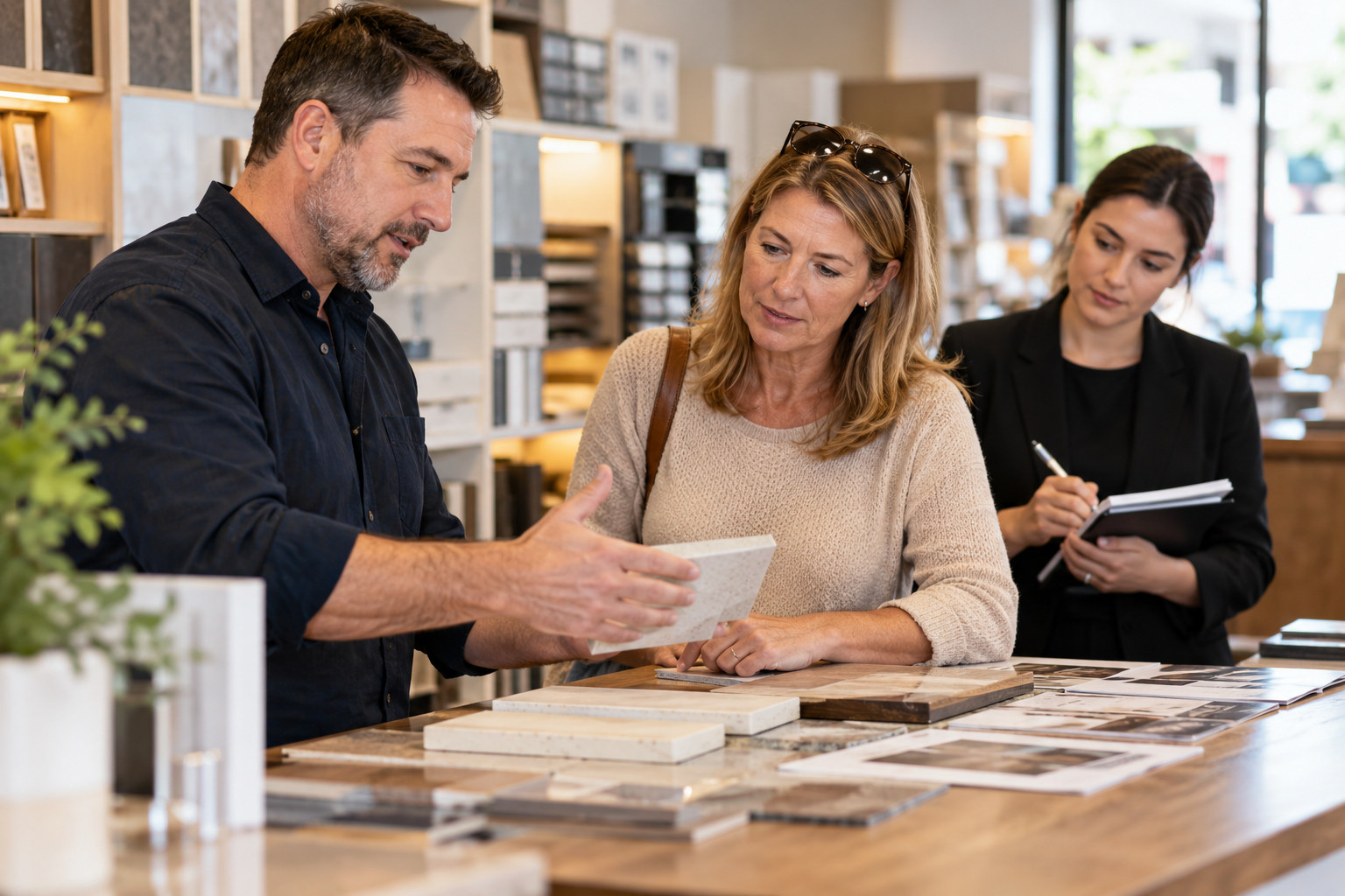 Business owner speaks with a customer while a consultant takes service notes.