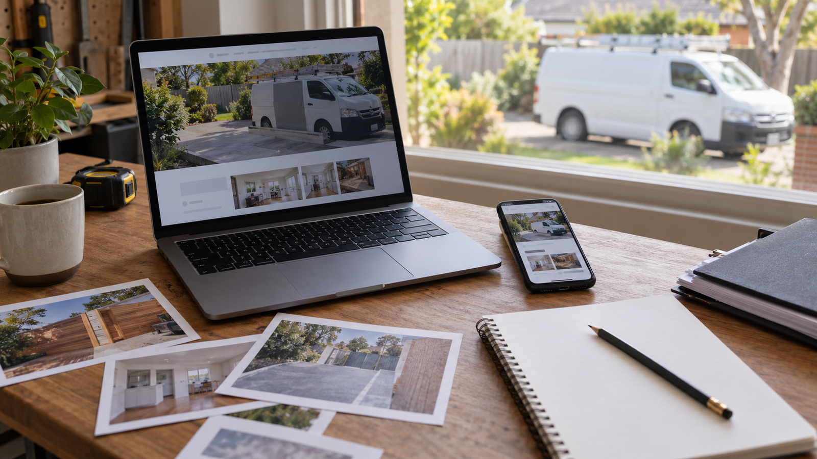 Laptop and phone displaying a trade-service website beside printed job photographs, with a work van outside the window.