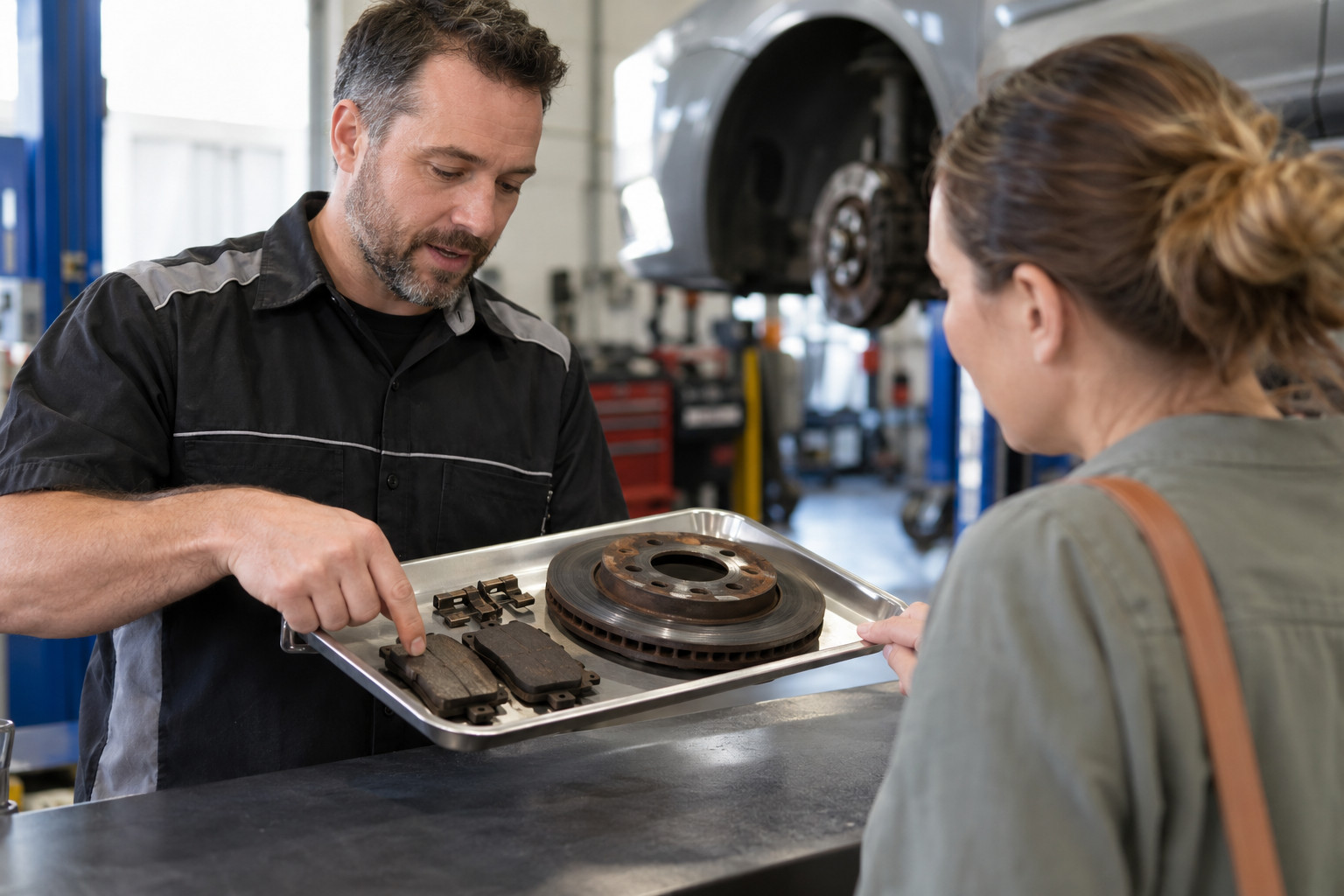 Service adviser shows removed brake parts to a customer.