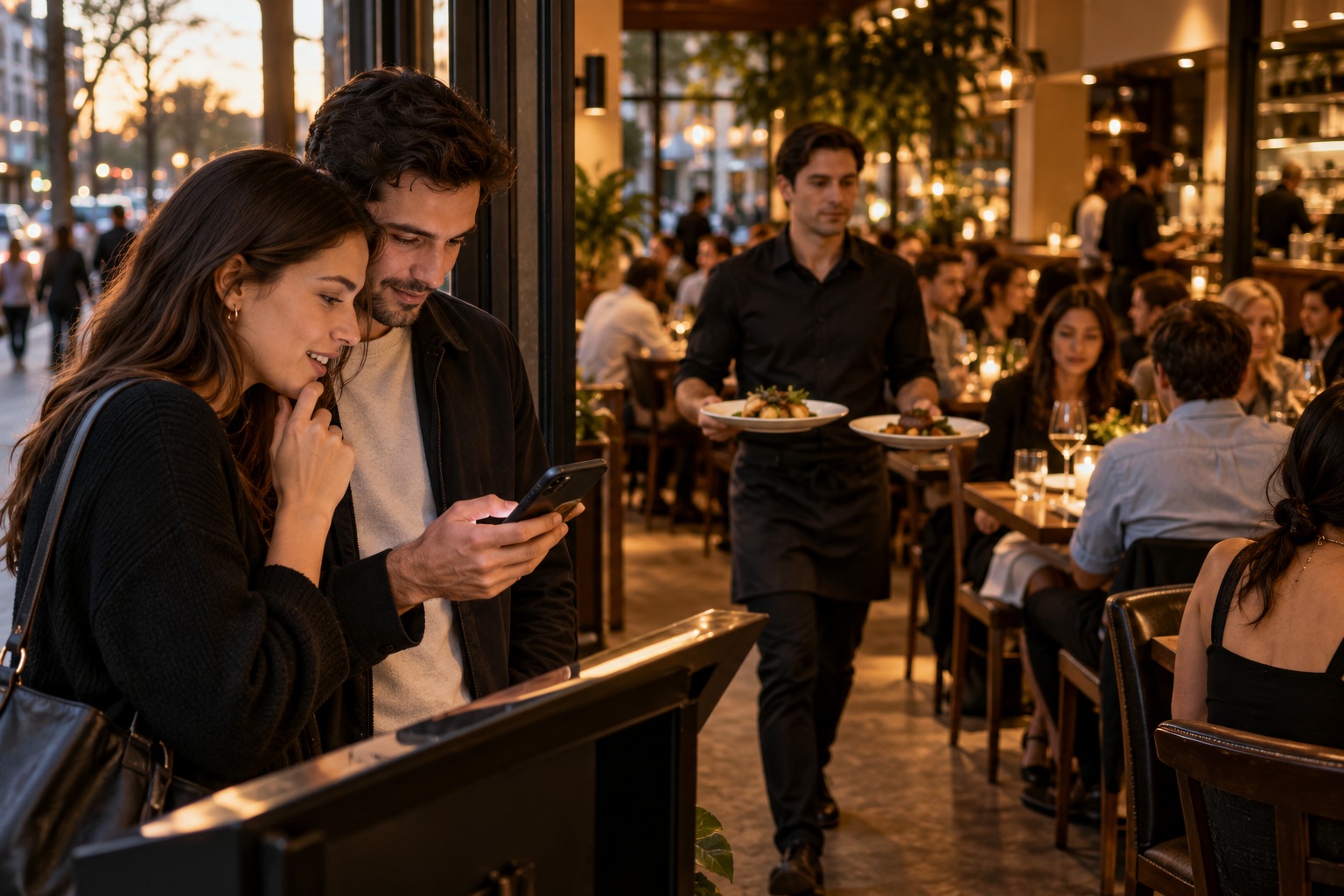 Couple checks a phone at a restaurant entrance while a waiter carries meals through the busy dining room.