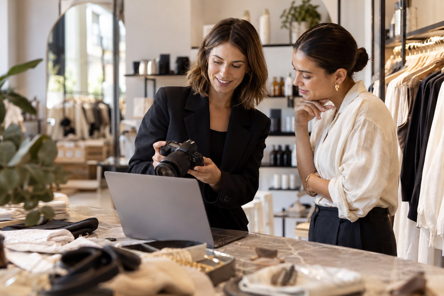 Two people review a camera and laptop at a boutique counter.