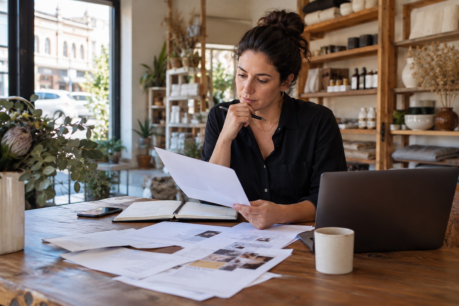 Shop owner reviews a printed page beside a laptop and product photographs.