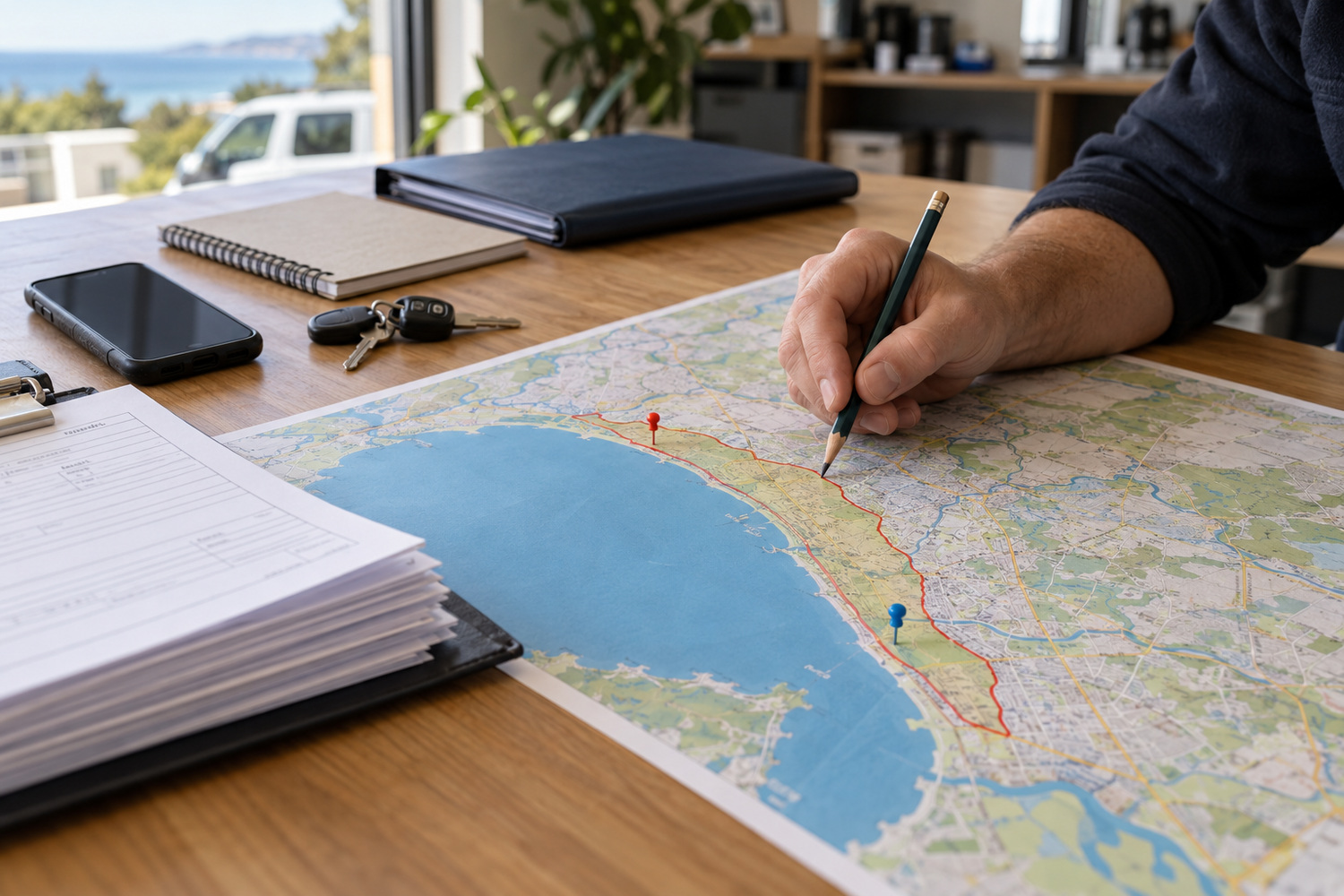 A hand outlining a narrow coastal service area on a printed map beside work-van keys and job paperwork.