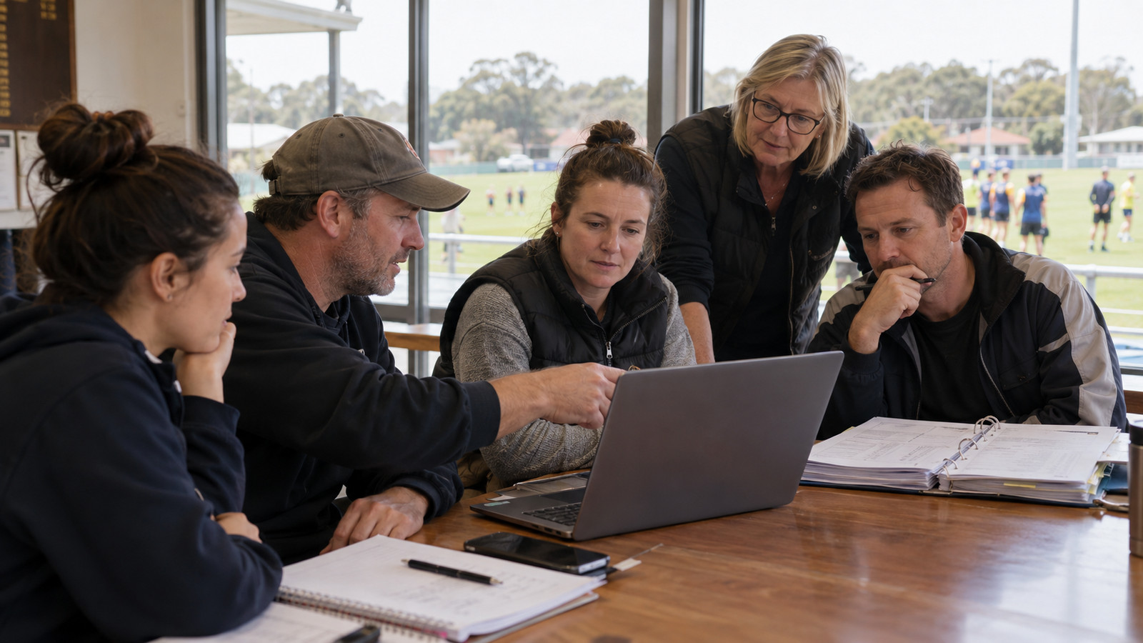 Community club volunteers review their website and records in a clubroom.