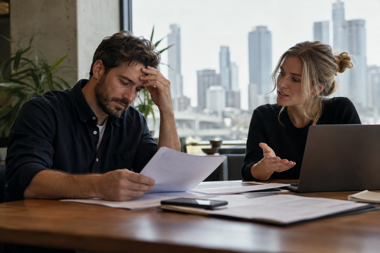 Business owner holds a printed document while a consultant discusses it.