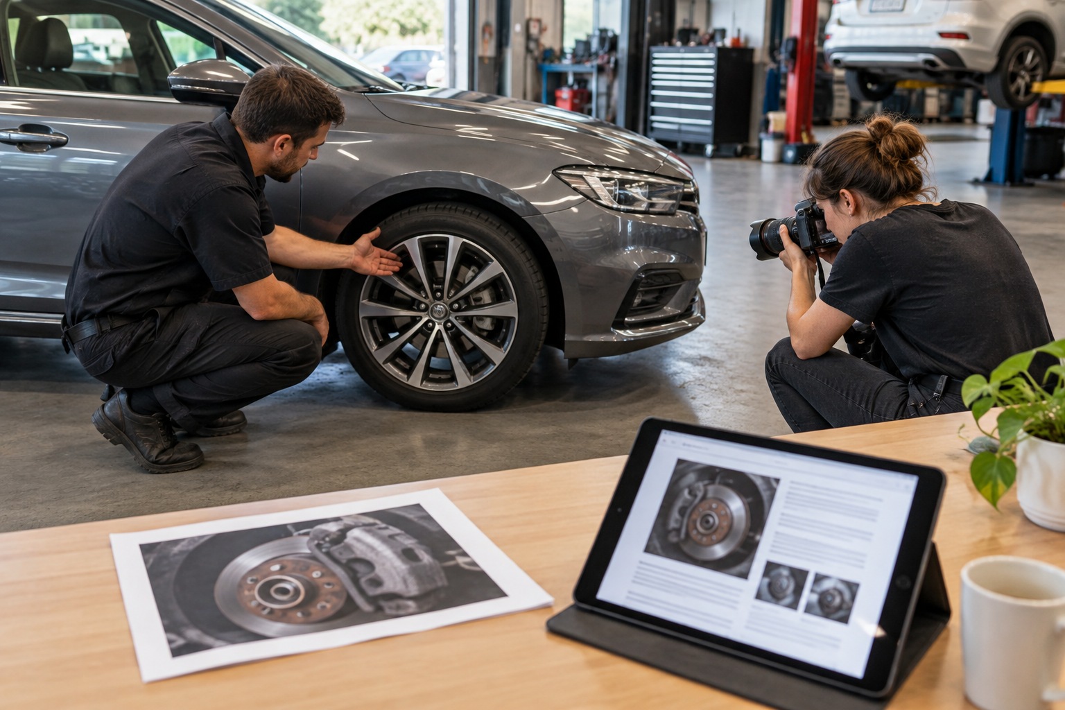 Photographer records a mechanic explaining the front wheel area, with brake content photographs on a nearby bench.