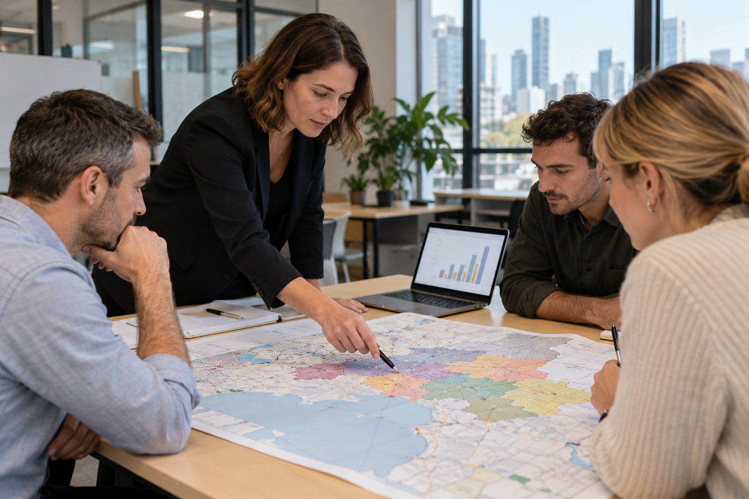 Business team plans distinct advertising areas on a regional map.
