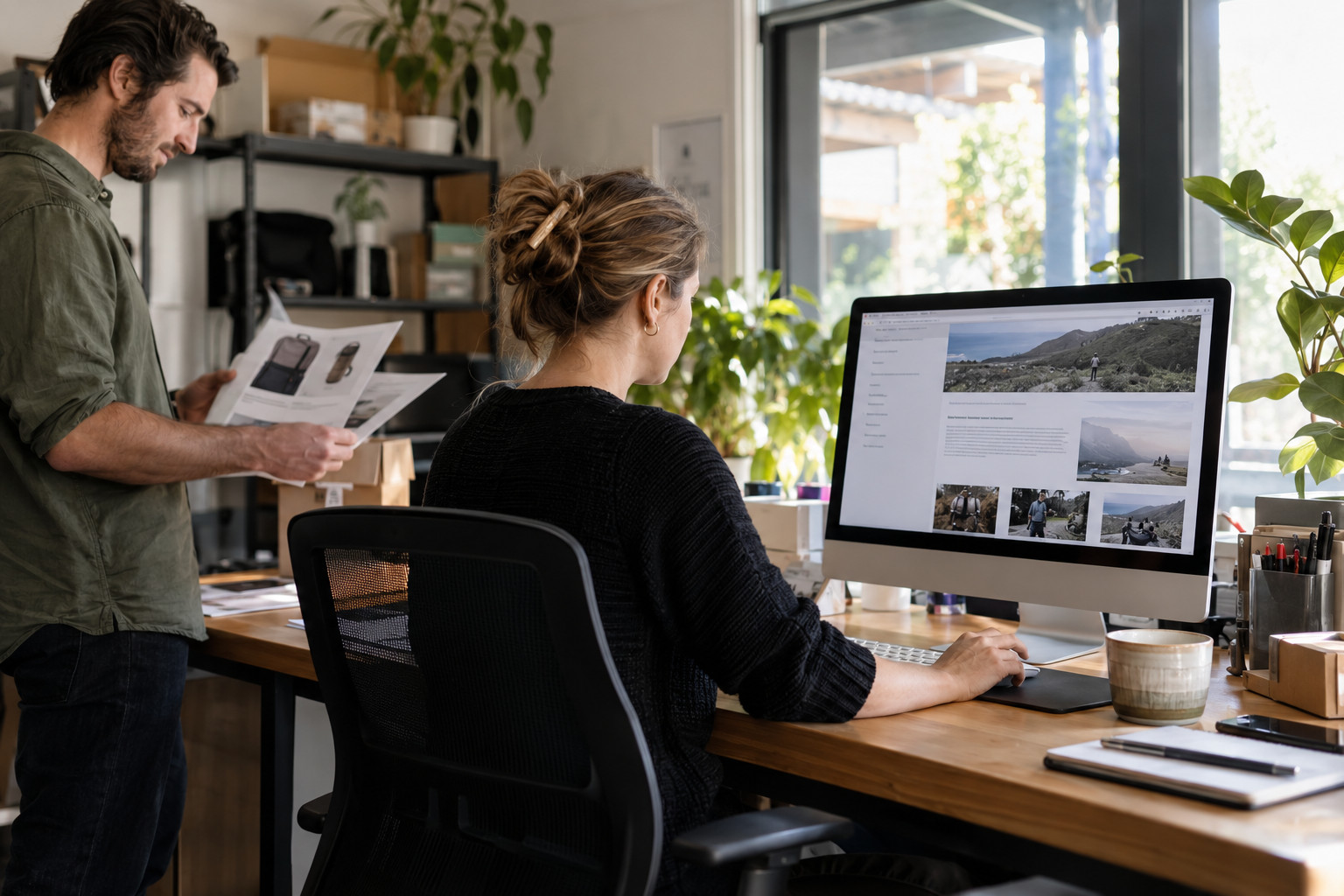 In-house website manager updating a site while a colleague checks product details