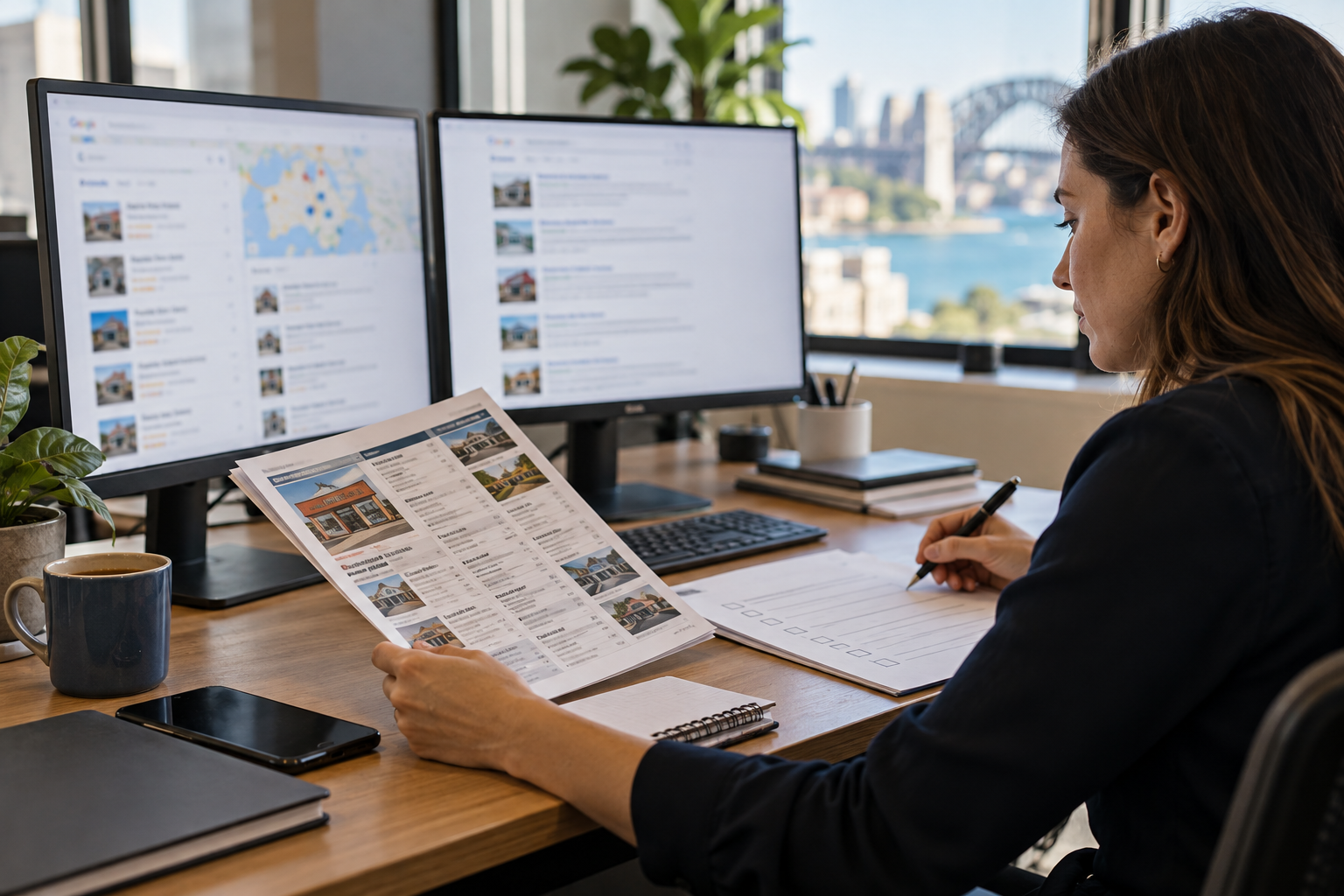 Marketer reviews web listings and local search results from different sources.