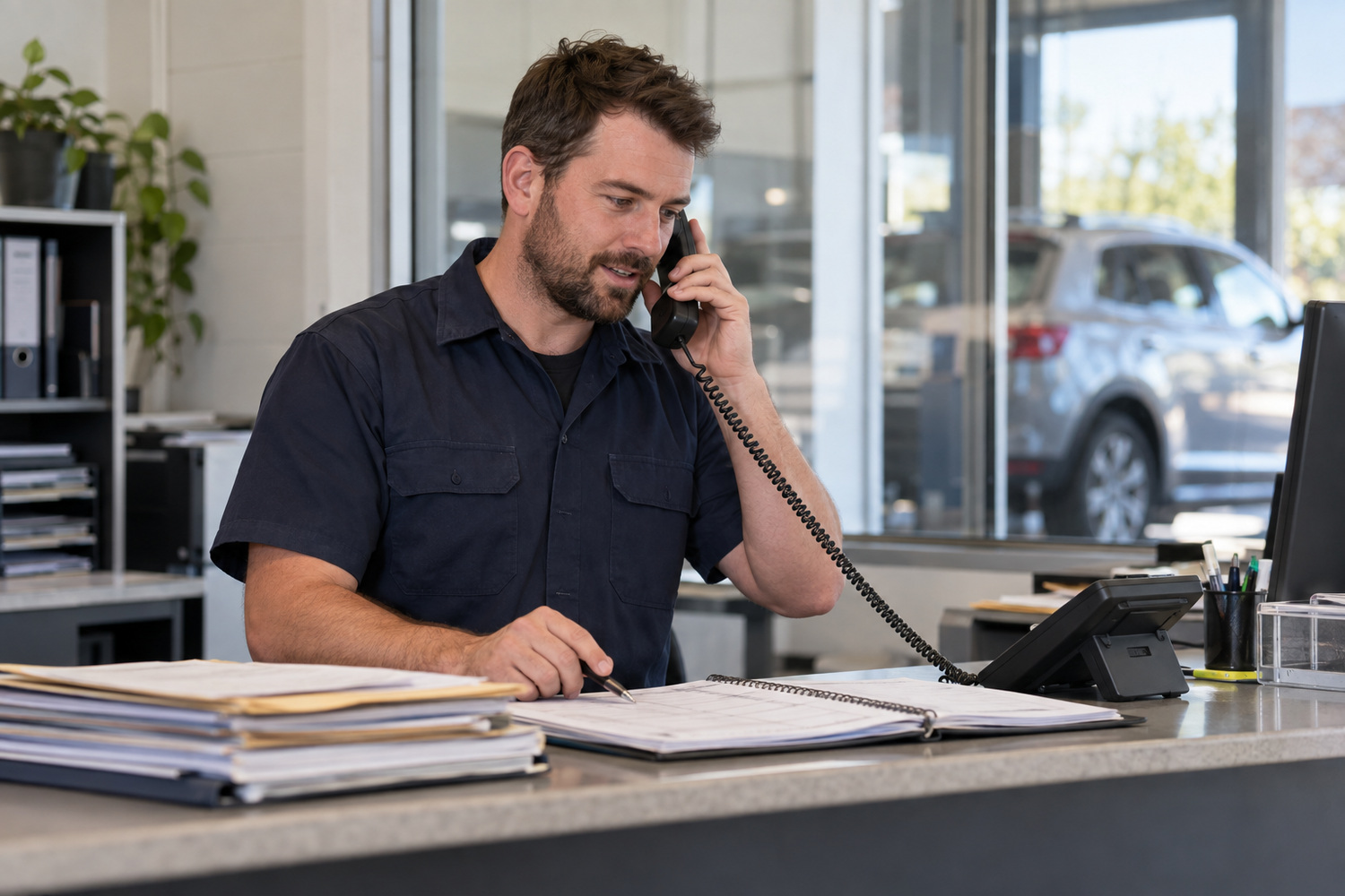 Workshop owner speaking on a desk phone and checking an appointment book at the office counter.