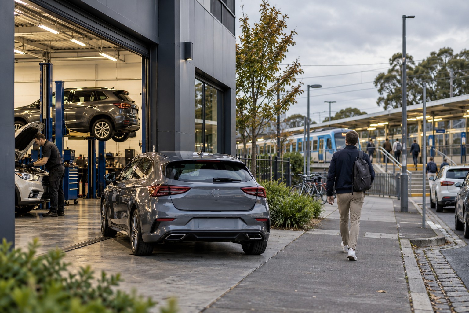 Customer walks to a suburban train station beside an automotive workshop.