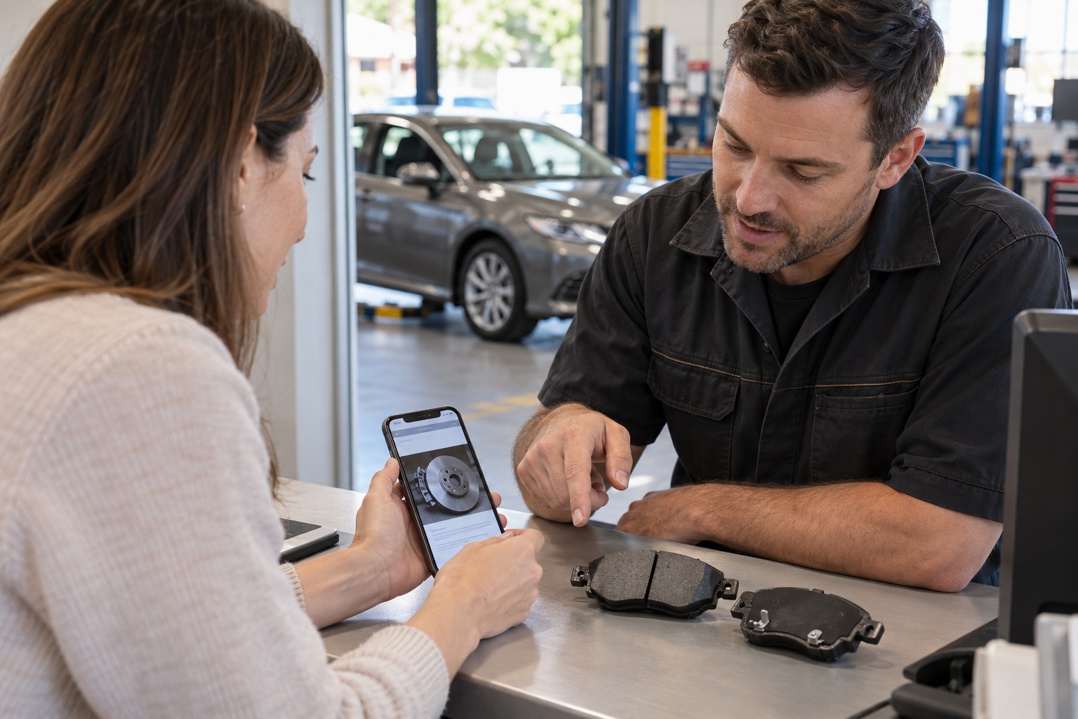 Mechanic discusses brake service with a customer viewing a brake photograph on her phone, with pads on the counter.