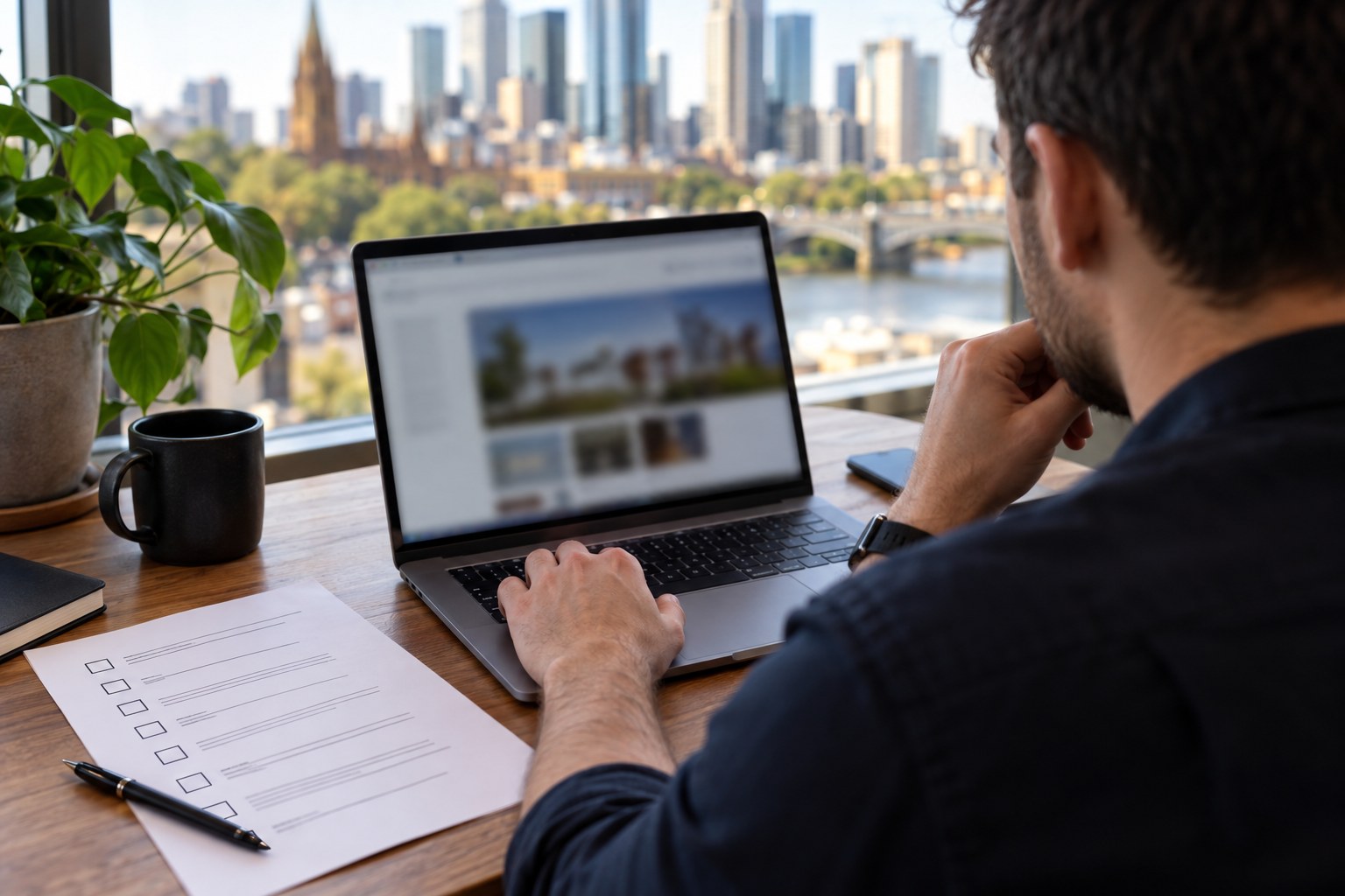 Web developer reviewing a business website and a printed checklist.