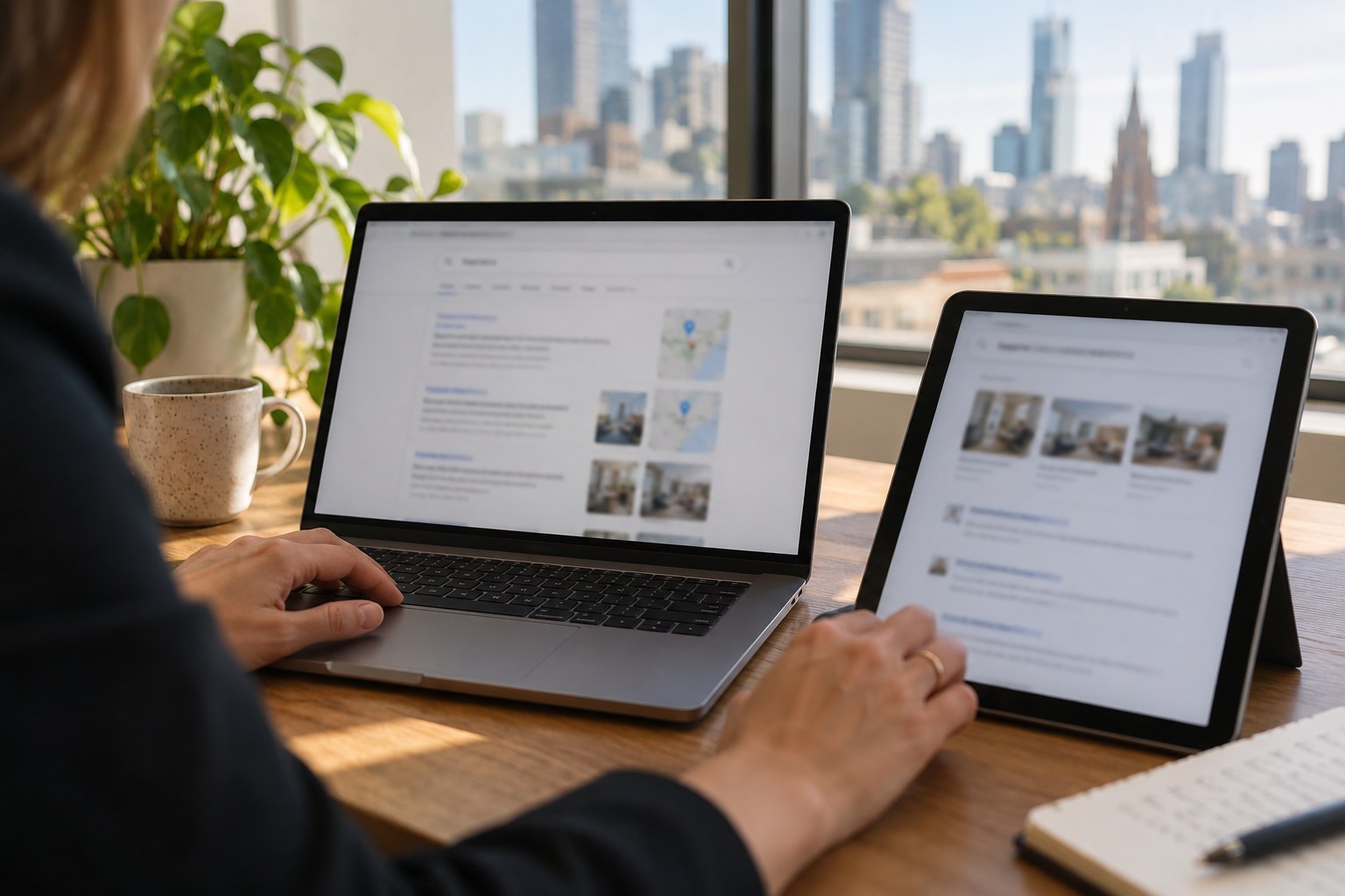 Person compares website information on a laptop and tablet beside a notebook.