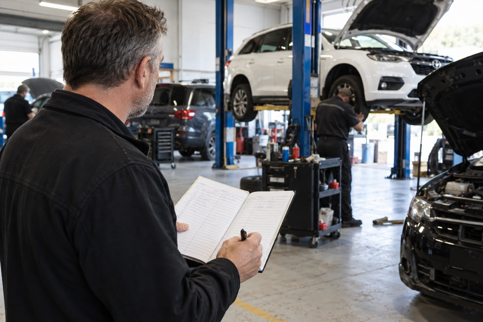 Workshop manager checks enquiry records while technicians work in service bays.