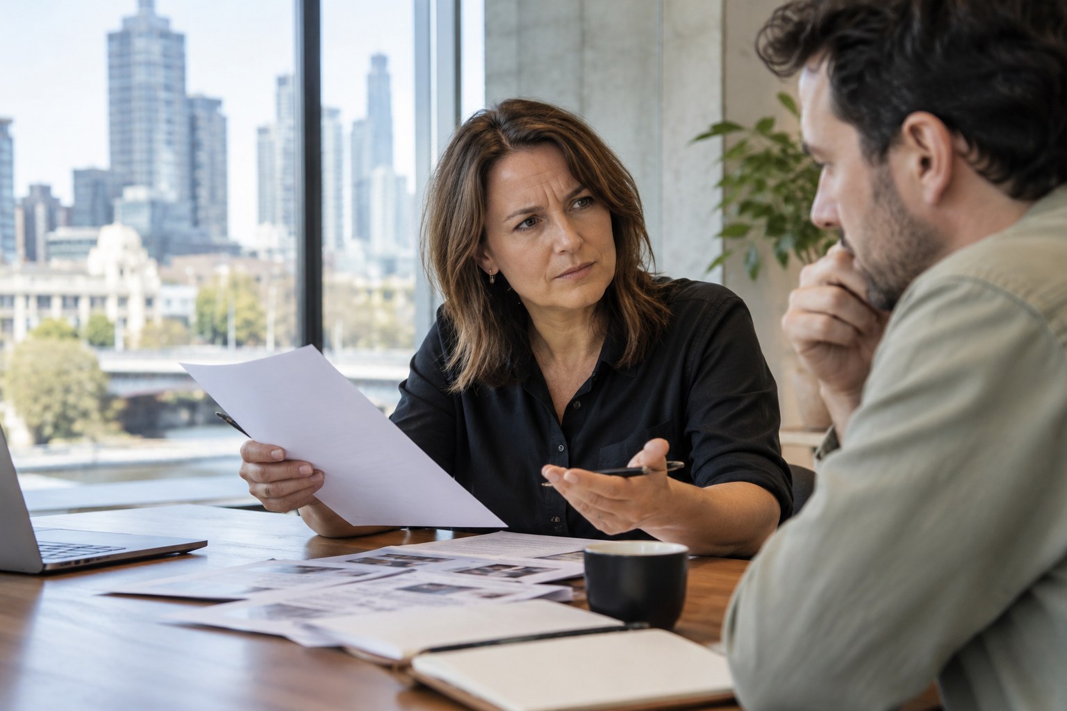 Business owner questions a consultant while holding a printed document.