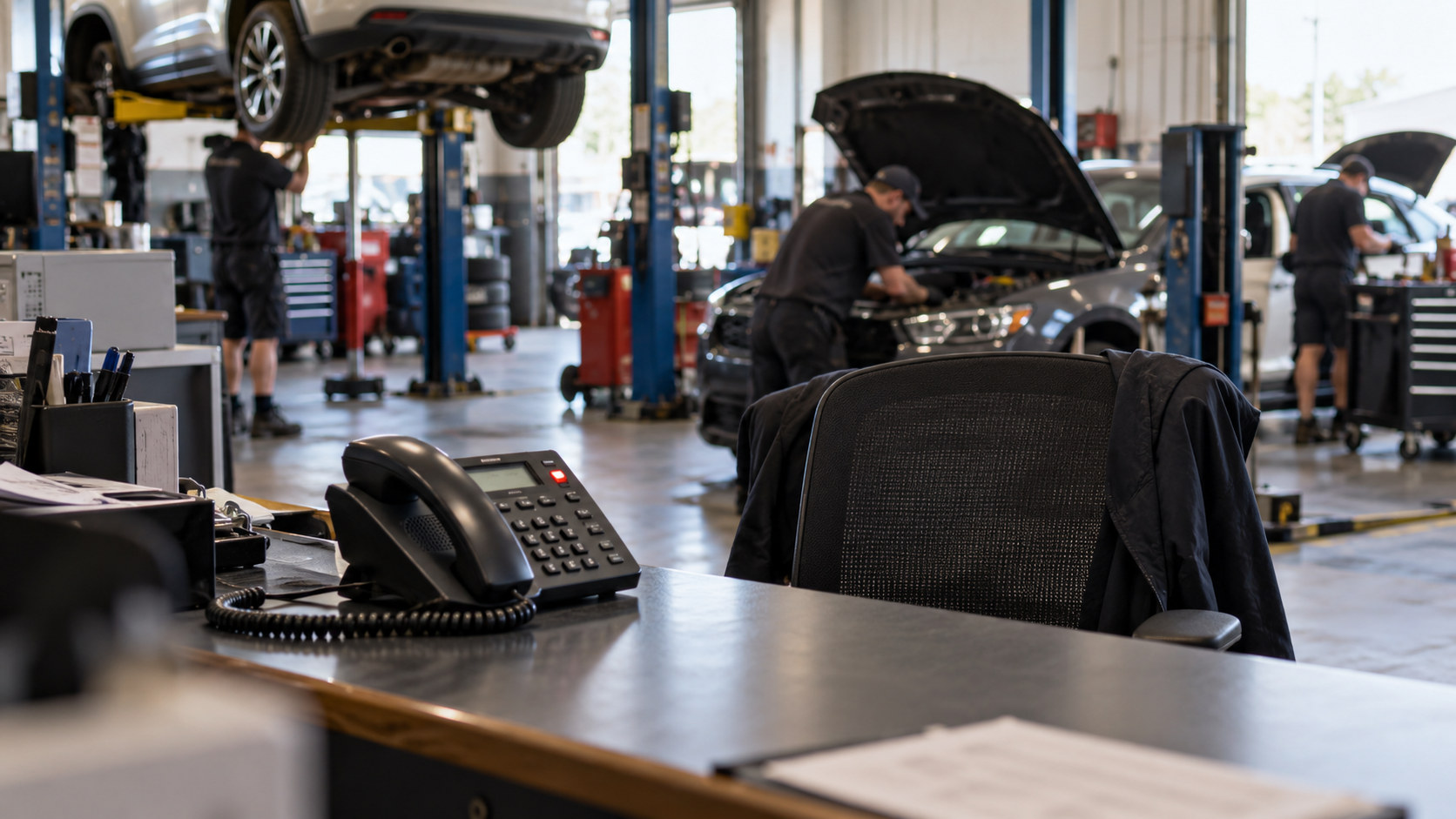 Unattended workshop phone lights up while mechanics work in the bays.