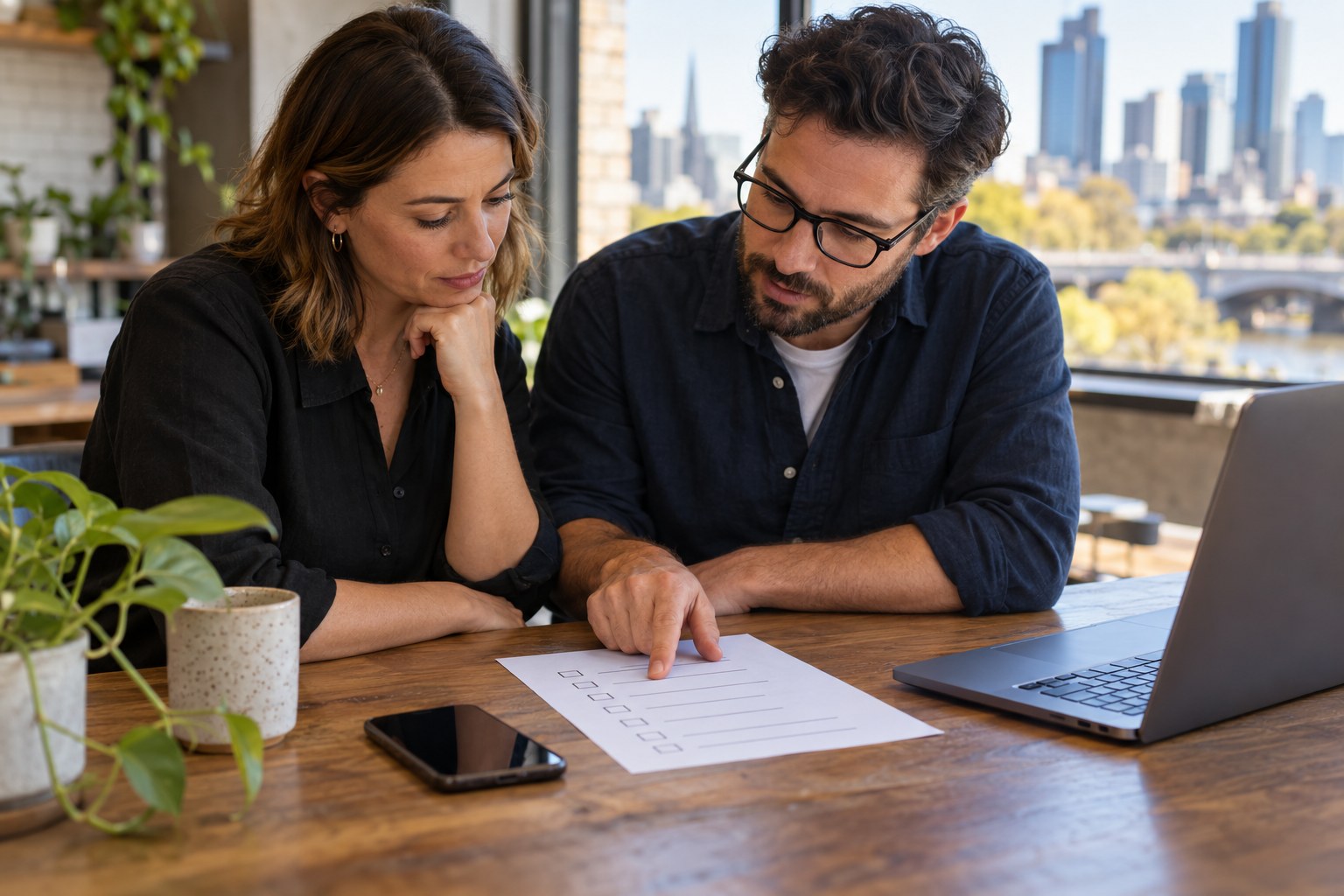 Business owner and consultant review a printed checklist at a table.
