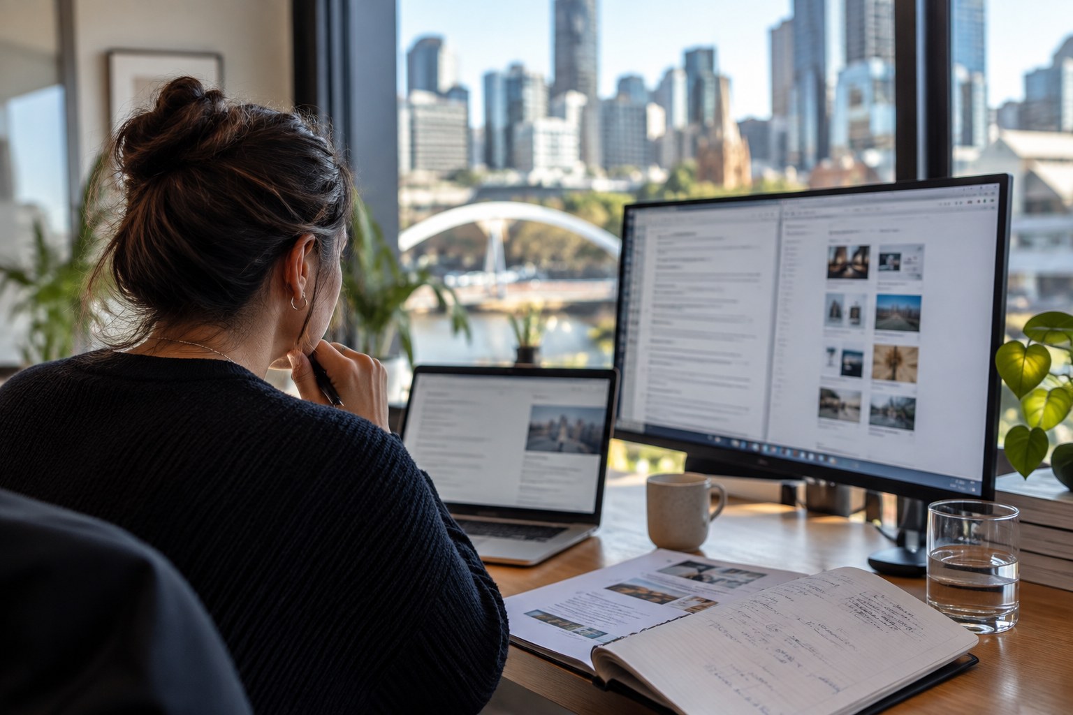 Person reviews website material across a desktop monitor and laptop.