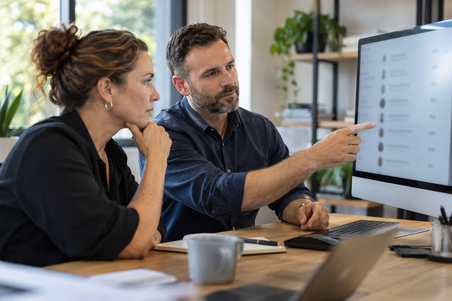 Owner and specialist review a list of account permissions on a monitor.