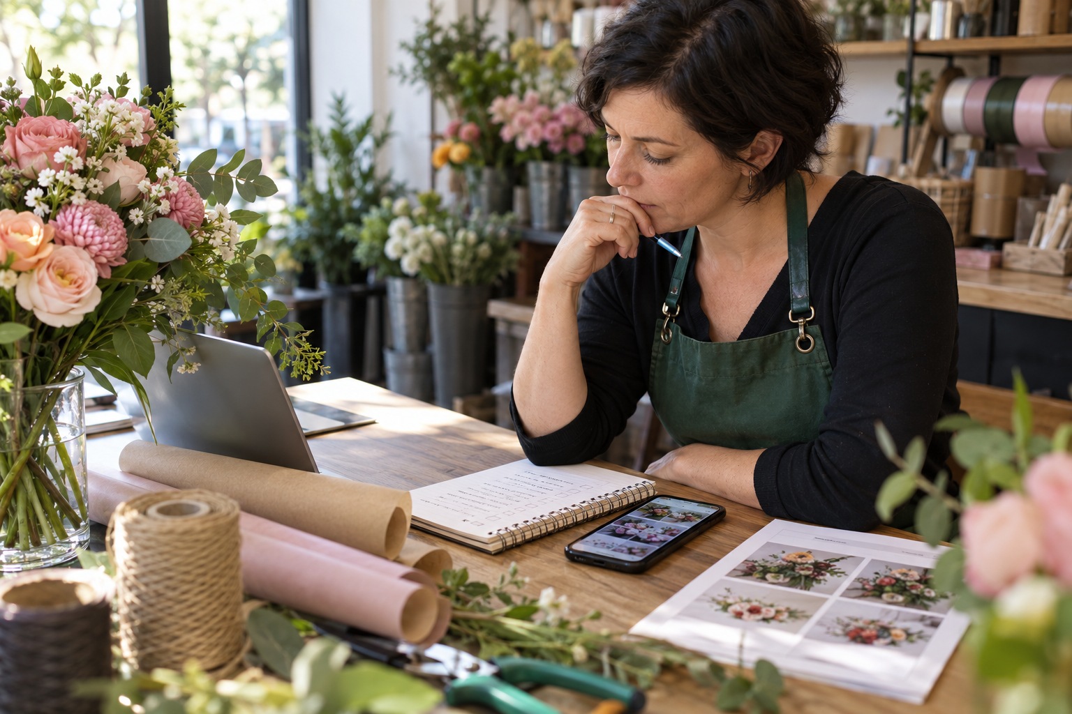 Florist reviews a checklist beside bouquet photographs on a phone and printed page at her wrapping counter.