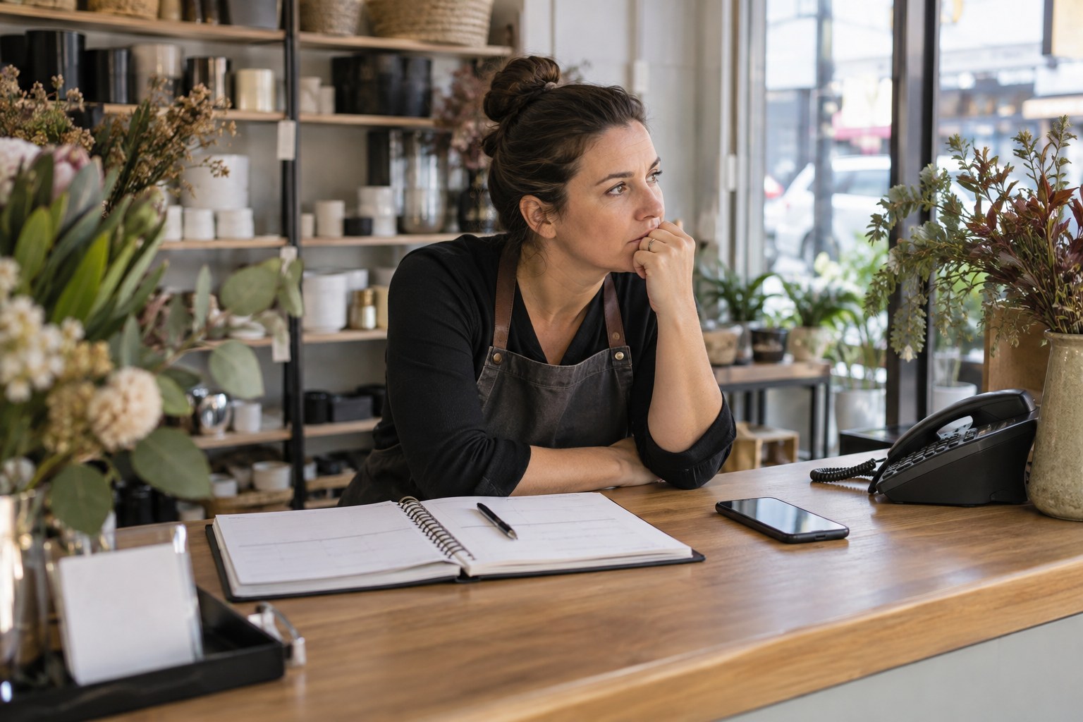 Shop owner looks away from an open diary beside the counter telephone.