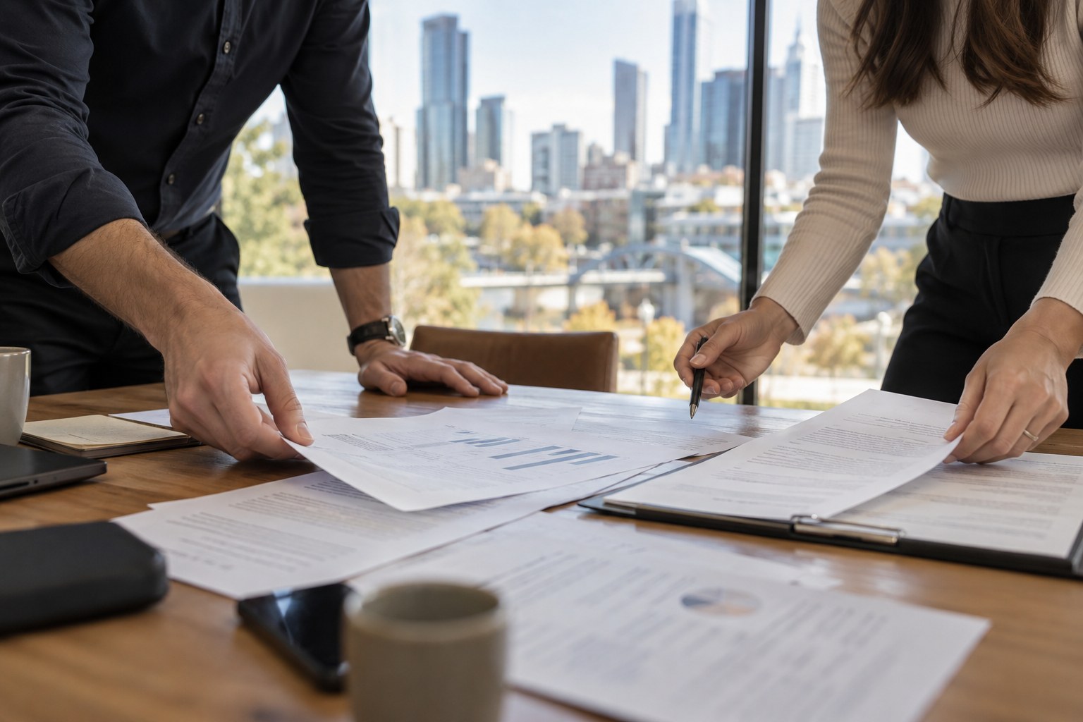 Two people compare printed agreements laid out on a desk.