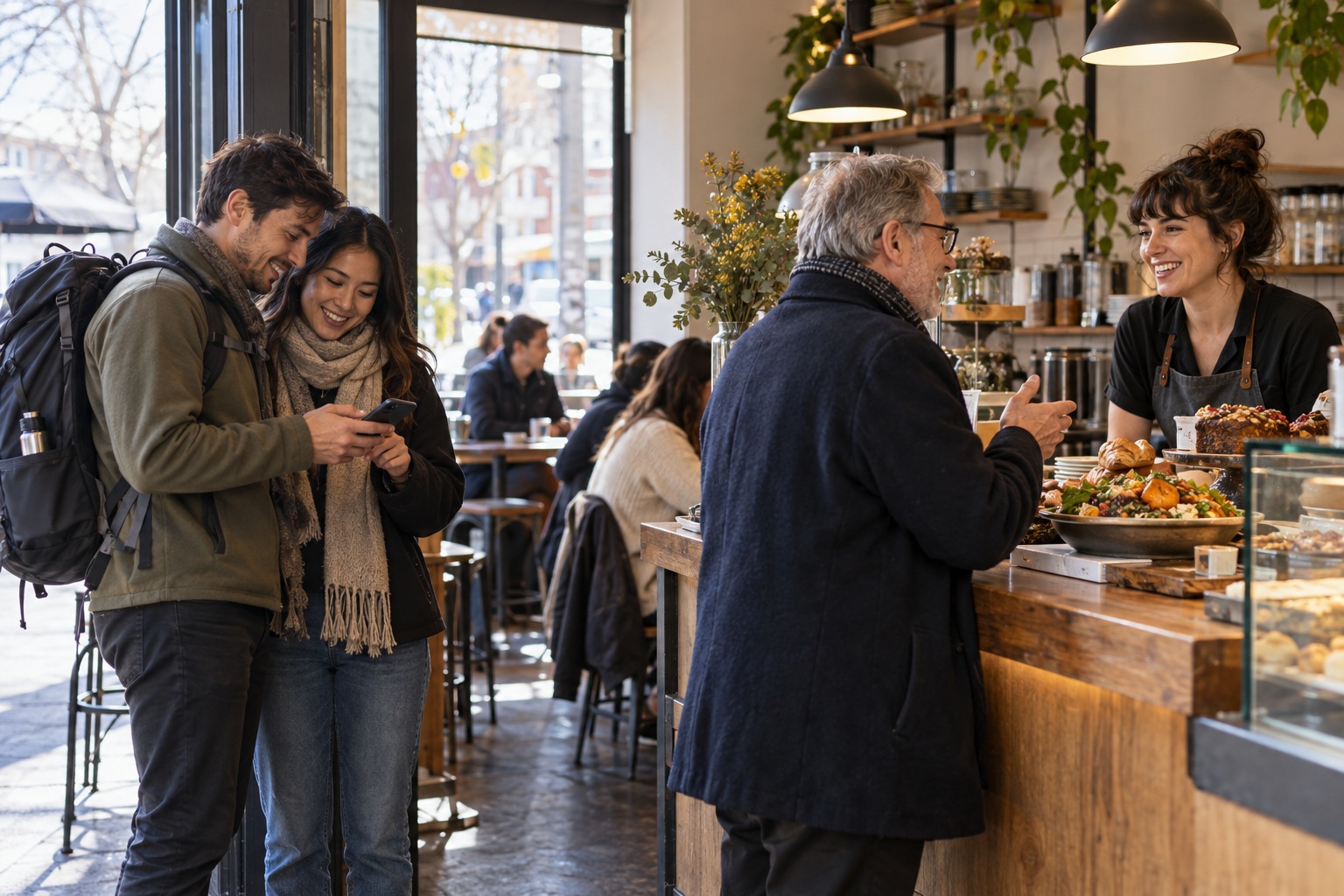 Visitors check a phone near a cafe entrance while an older customer chats with the barista at the counter.