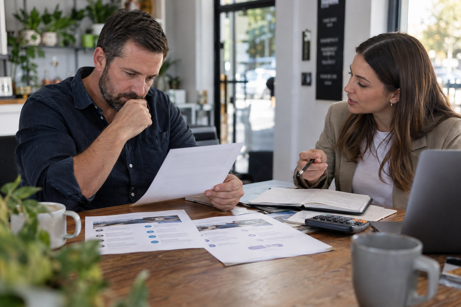 Business owner and adviser review an SEO proposal and budget.