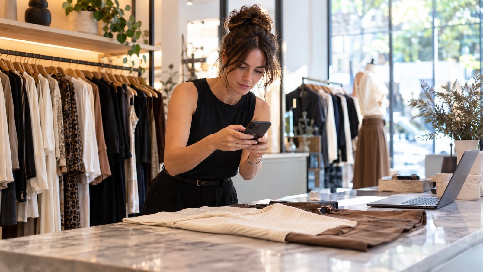 Wide editorial view of a South Yarra boutique owner photographing carefully arranged garments and checking a mobile shopping experience at the counter.